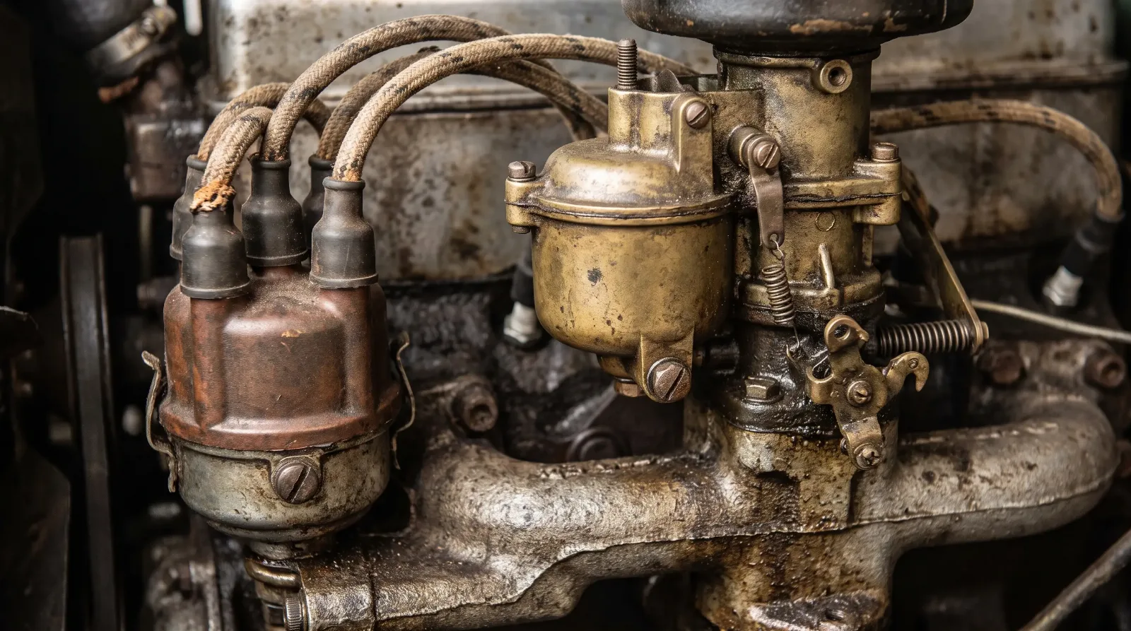 Original period carburetor and distributor detail on pre-war engine