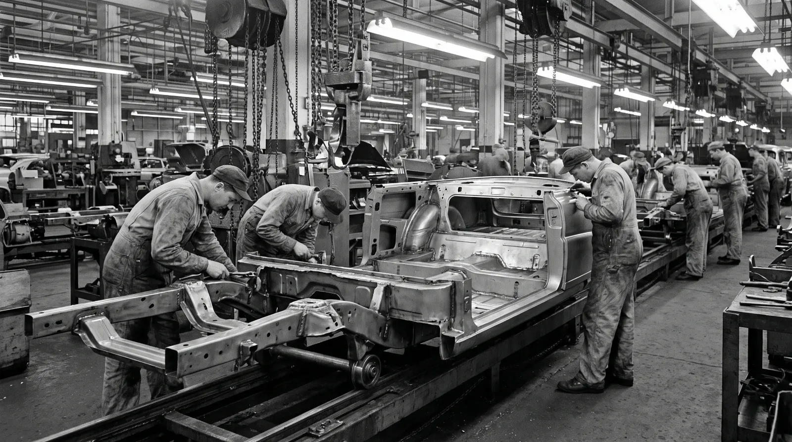 Hudson step-down unibody chassis on factory assembly line