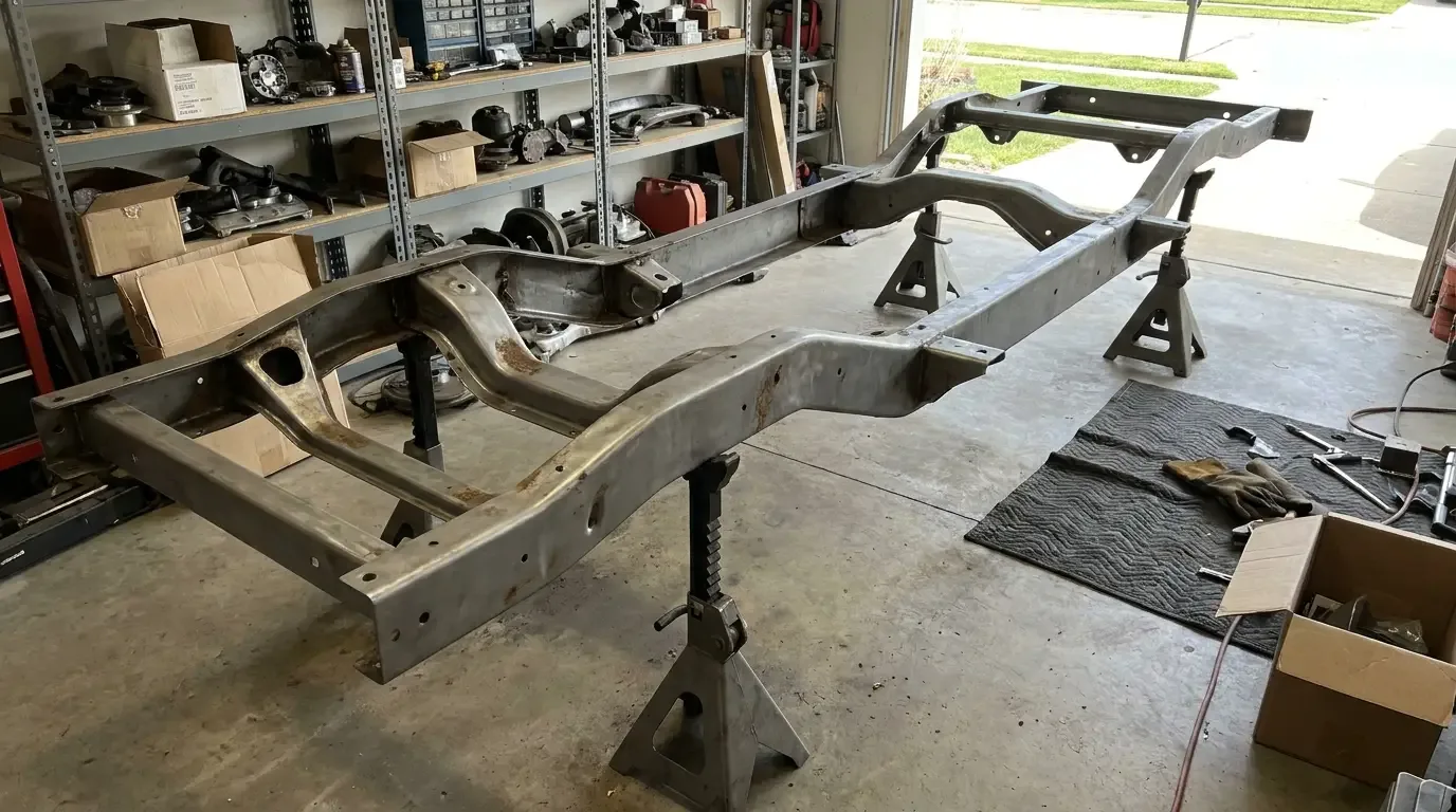 C10 frame stripped to bare metal on jack stands