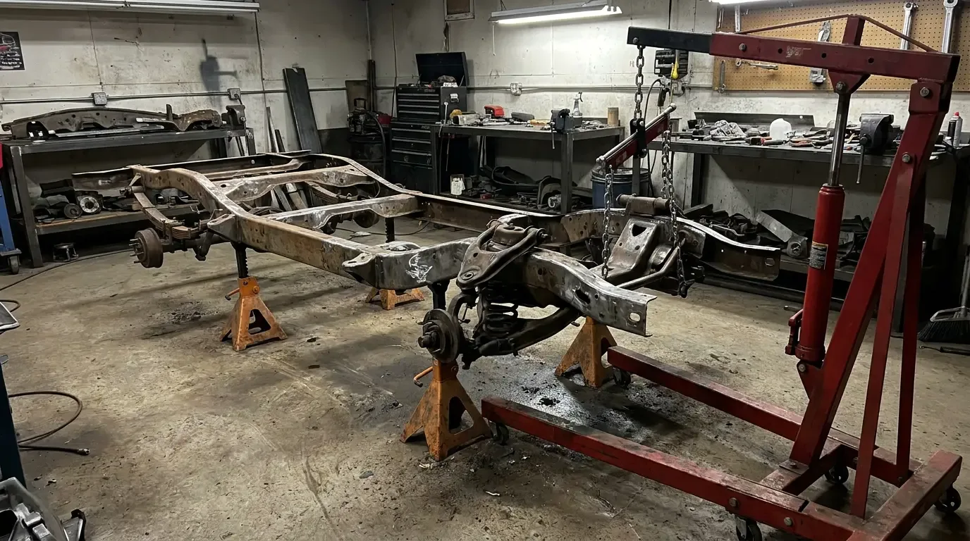 1978 Chevrolet C10 frame -- bare chassis on jack stands