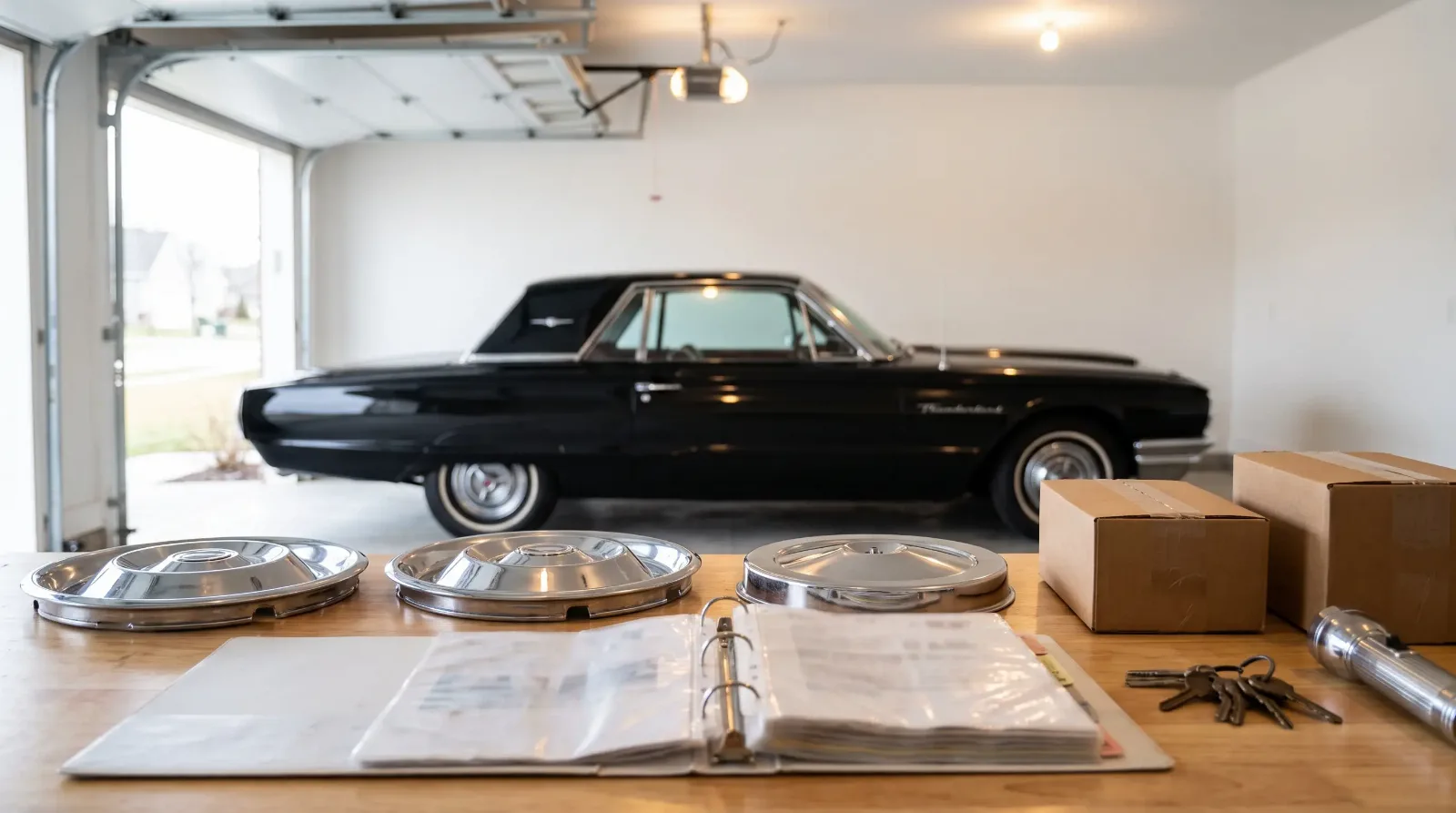 Records binder, original wheel covers and keys on a bench beside a black 1964 Thunderbird