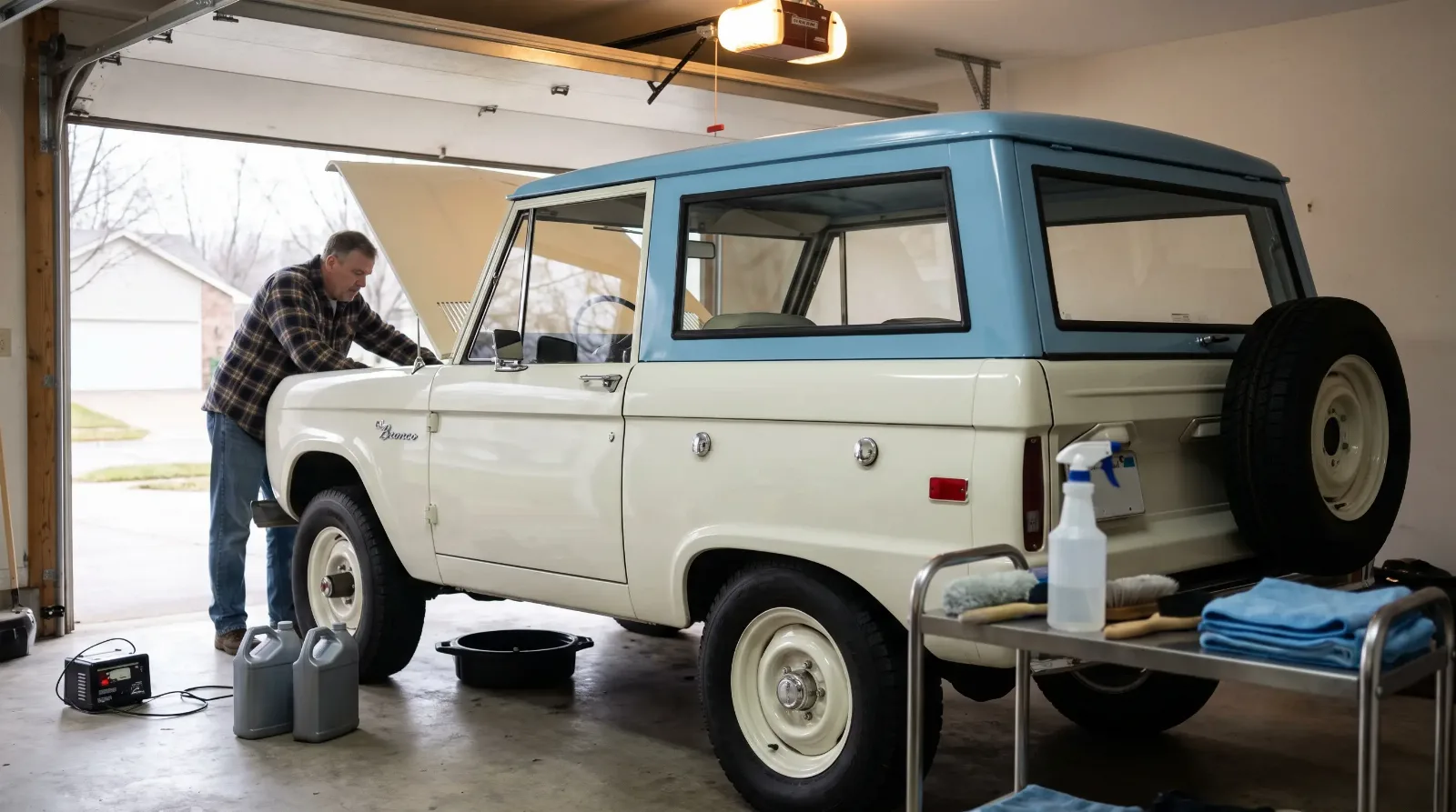 Owner servicing a white 1968 Ford Bronco in his garage before selling it