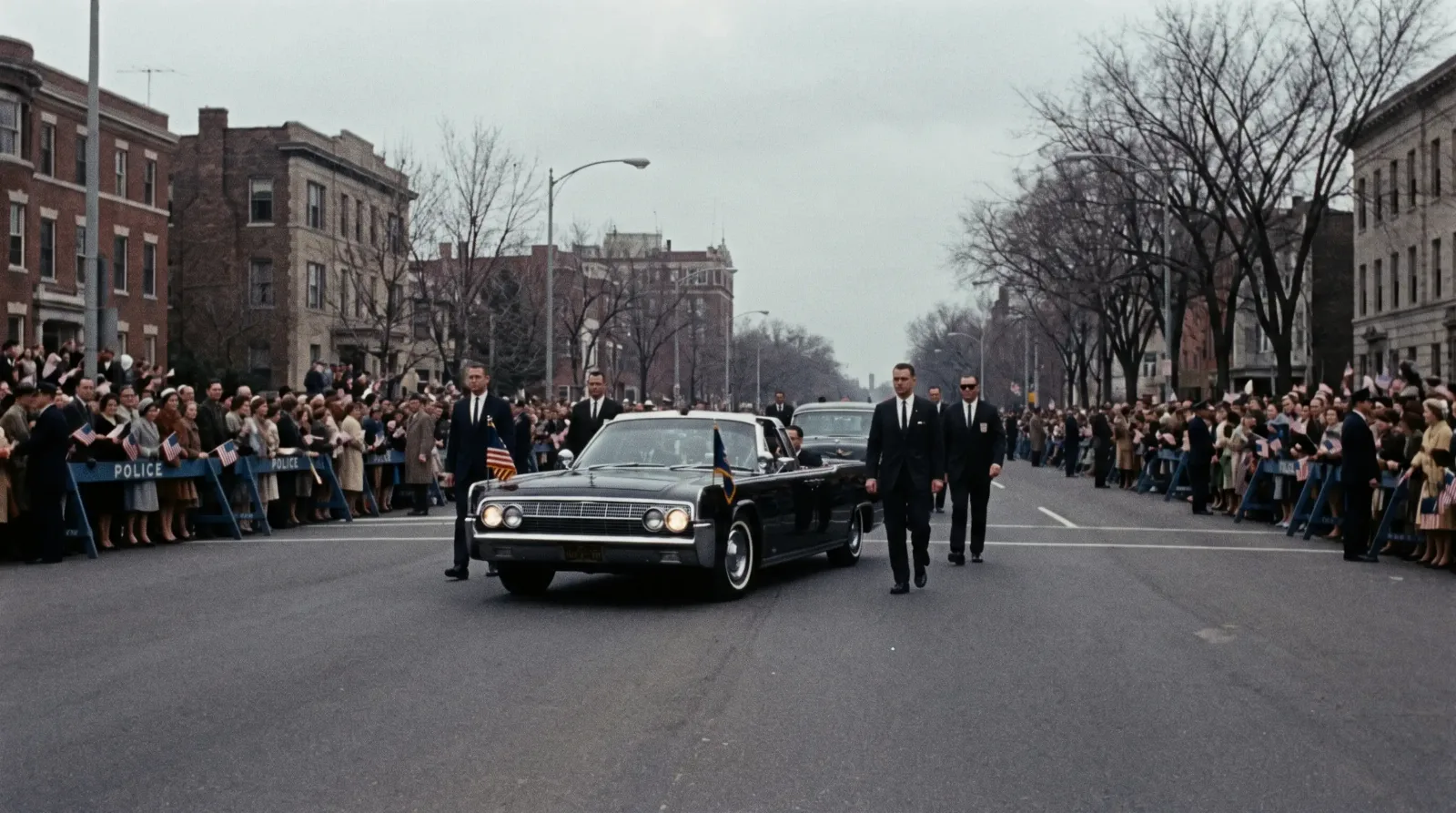 1960s presidential parade limousine on a crowd-lined boulevard