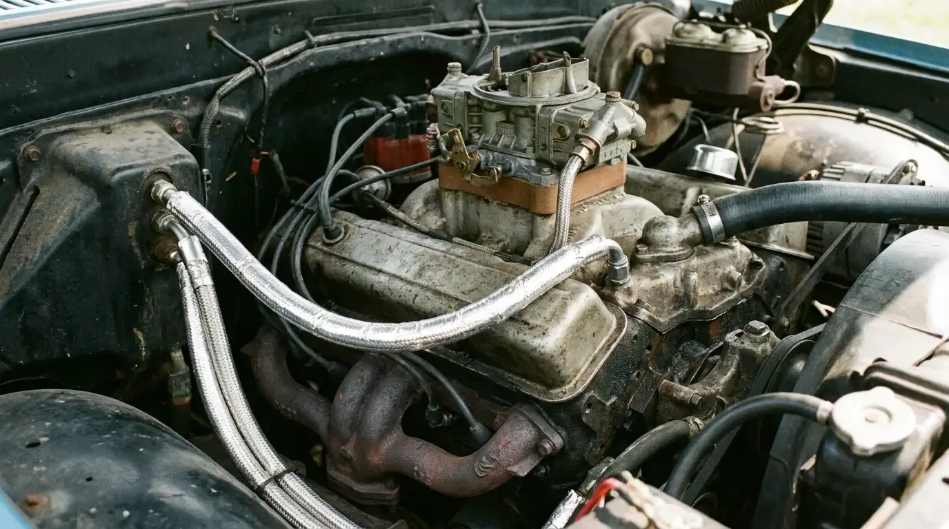 C10 engine bay fuel line heat sleeve and carb spacer