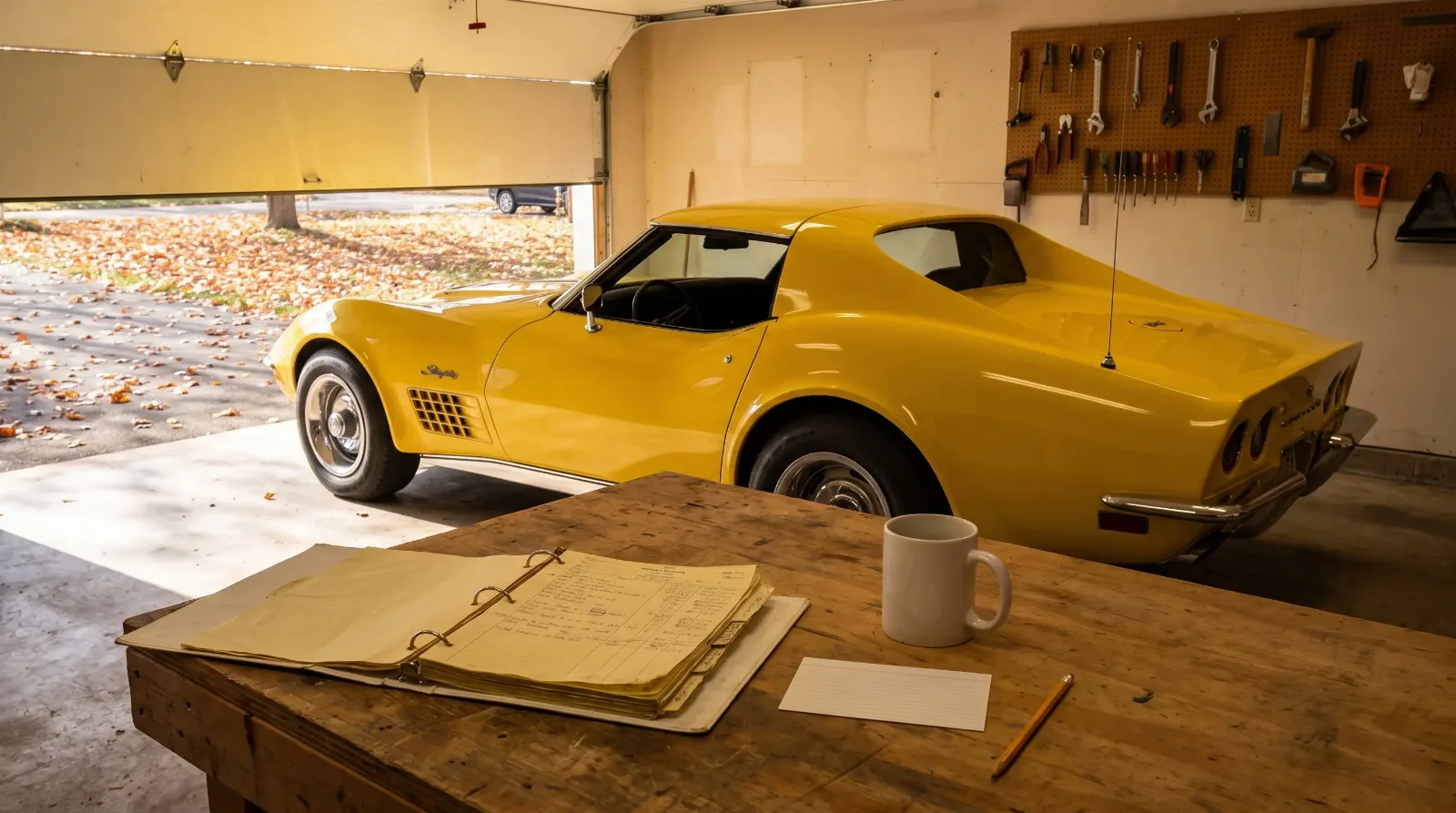 Yellow 1972 Corvette Stingray in a home garage beside a receipts binder and coffee
