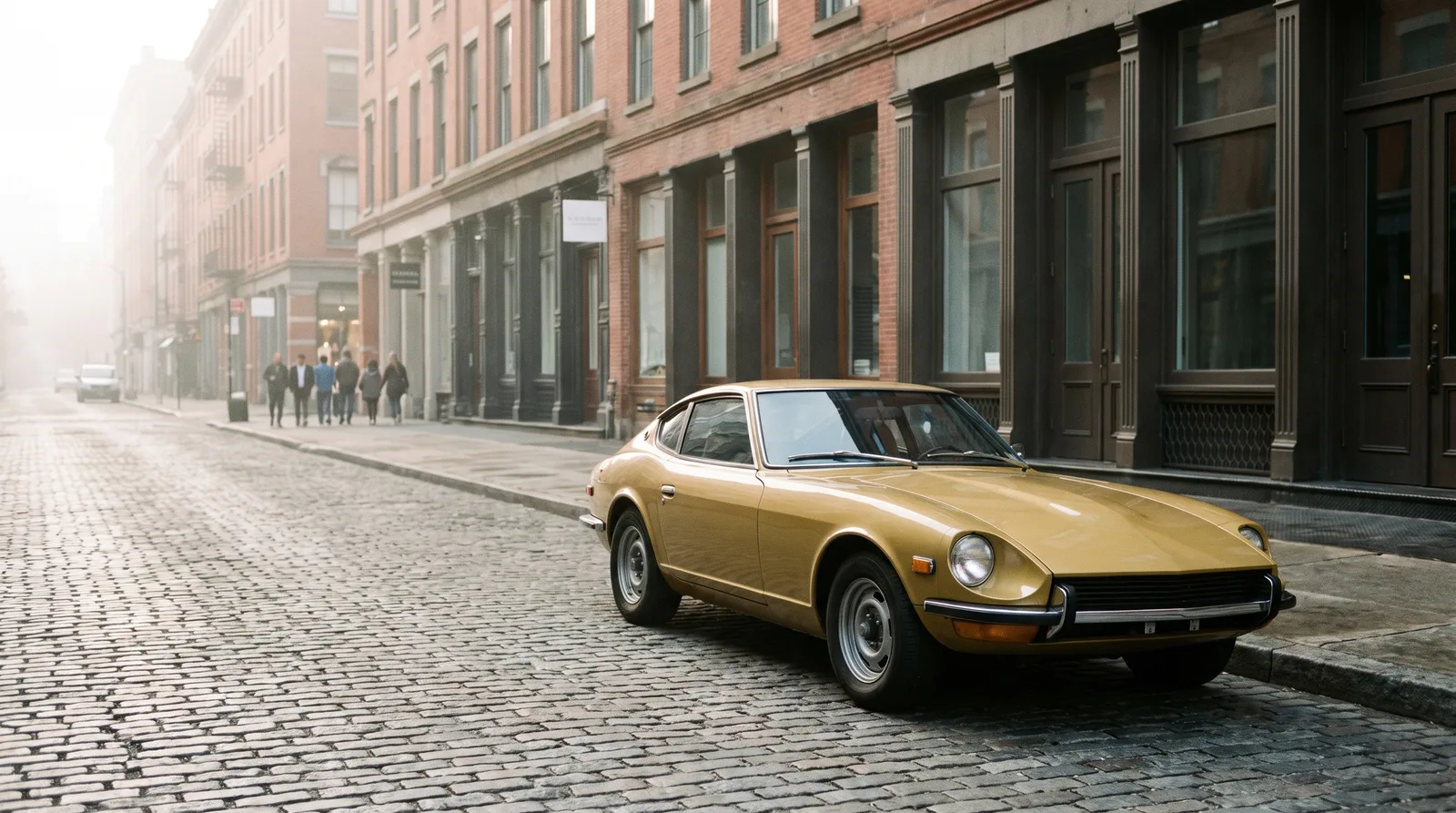1972 Datsun 240Z â€” misty cobblestone city street