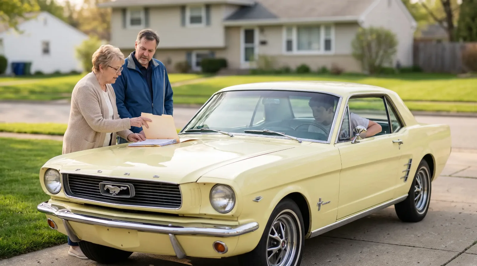 Seller shows receipts on the hood of her yellow 1966 Mustang to a visiting buyer