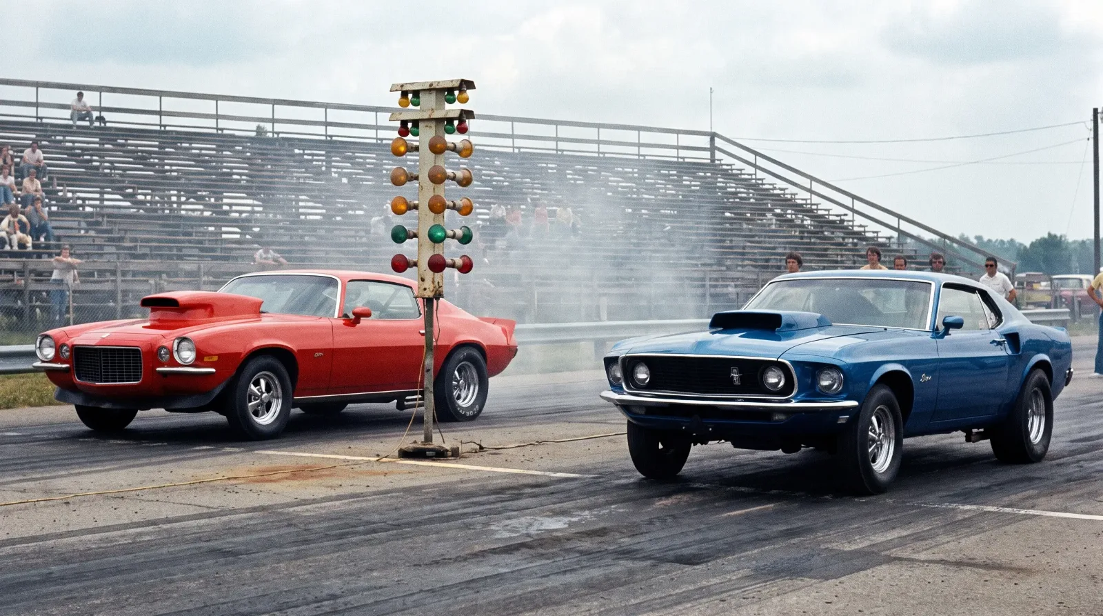 Two 1971 Pro Stock muscle cars staged side by side at a drag strip starting line
