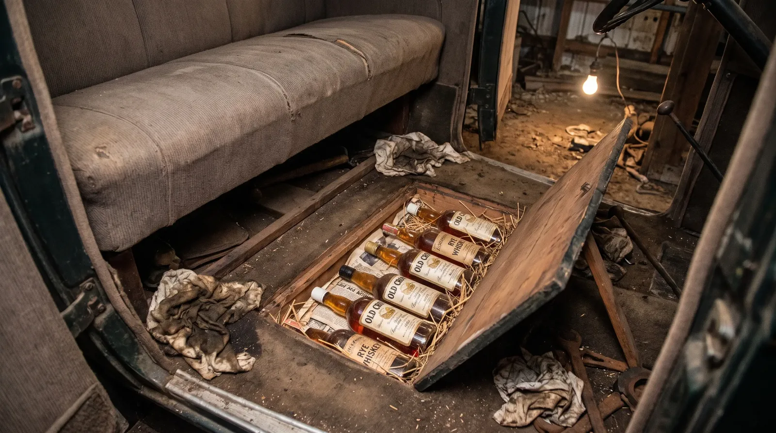 Hidden false floor compartment in a 1920s bootlegger car
