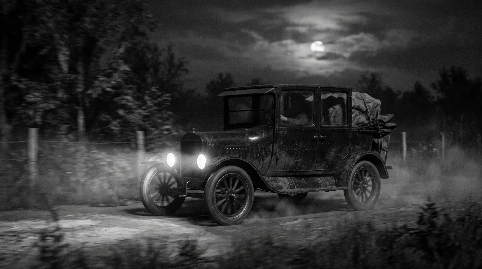 1920s bootlegger car speeding on dark rural road