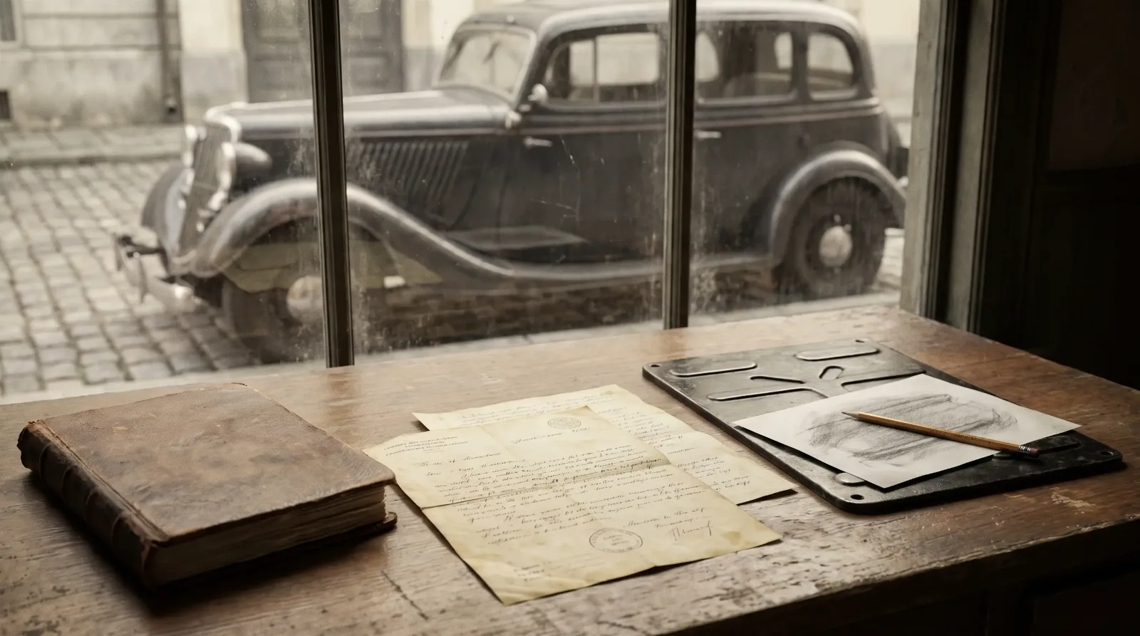 Period ownership papers and chassis rubbing beside pre-war car