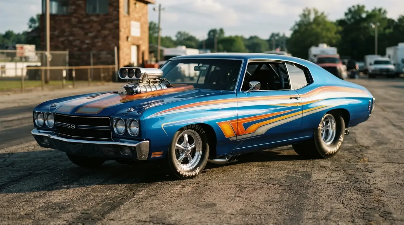 Vibrant 1980s pro street muscle car with bold graphics and huge rear slicks