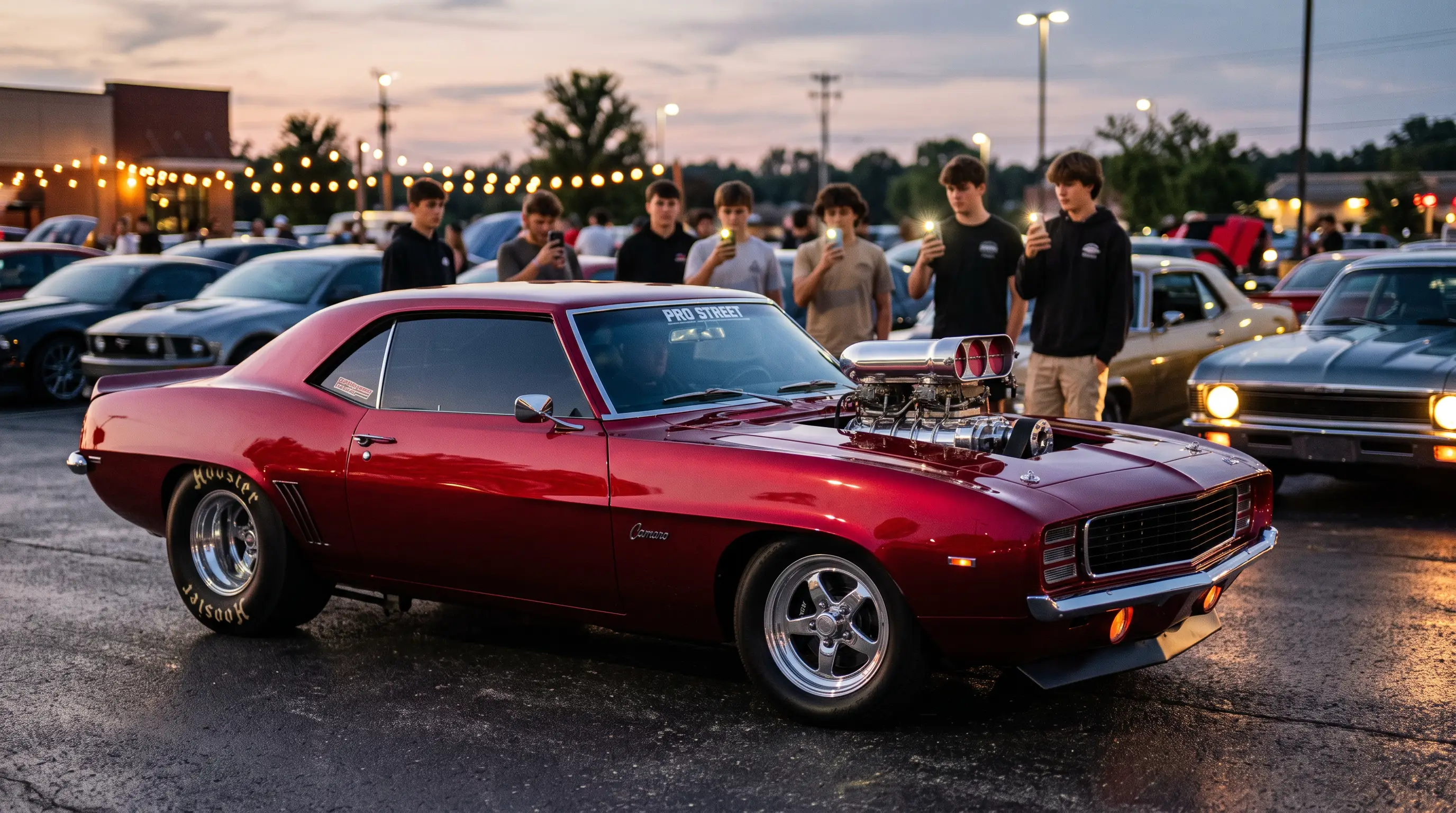 Tubbed Pro Street muscle car with candy paint at a modern car meet at dusk