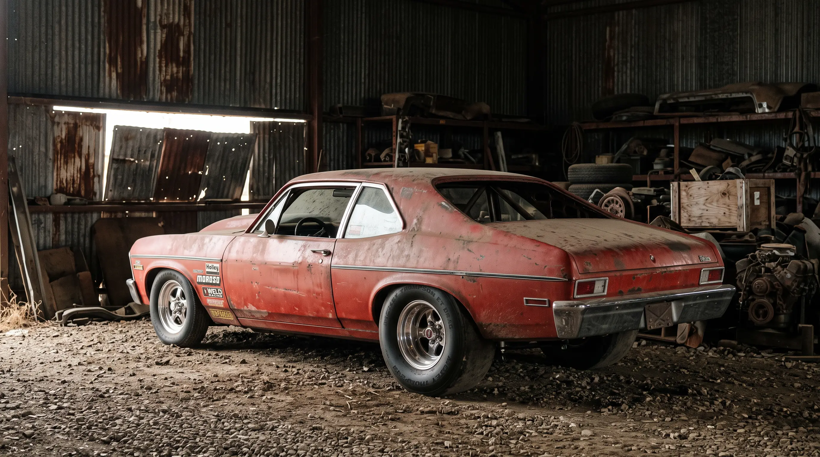 Weathered 1980s Pro Street Nova with tubbed rear wheels in a storage yard