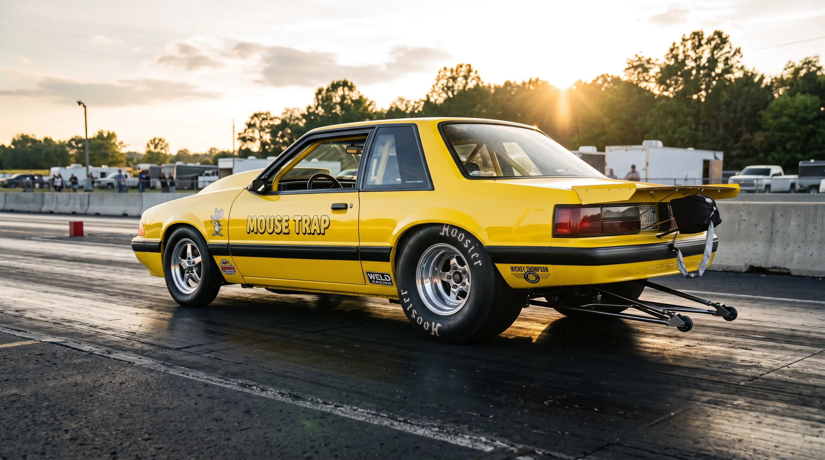 Yellow Pro Street Mustang notchback with tubbed rear and hood scoop parked on a quiet dragstrip