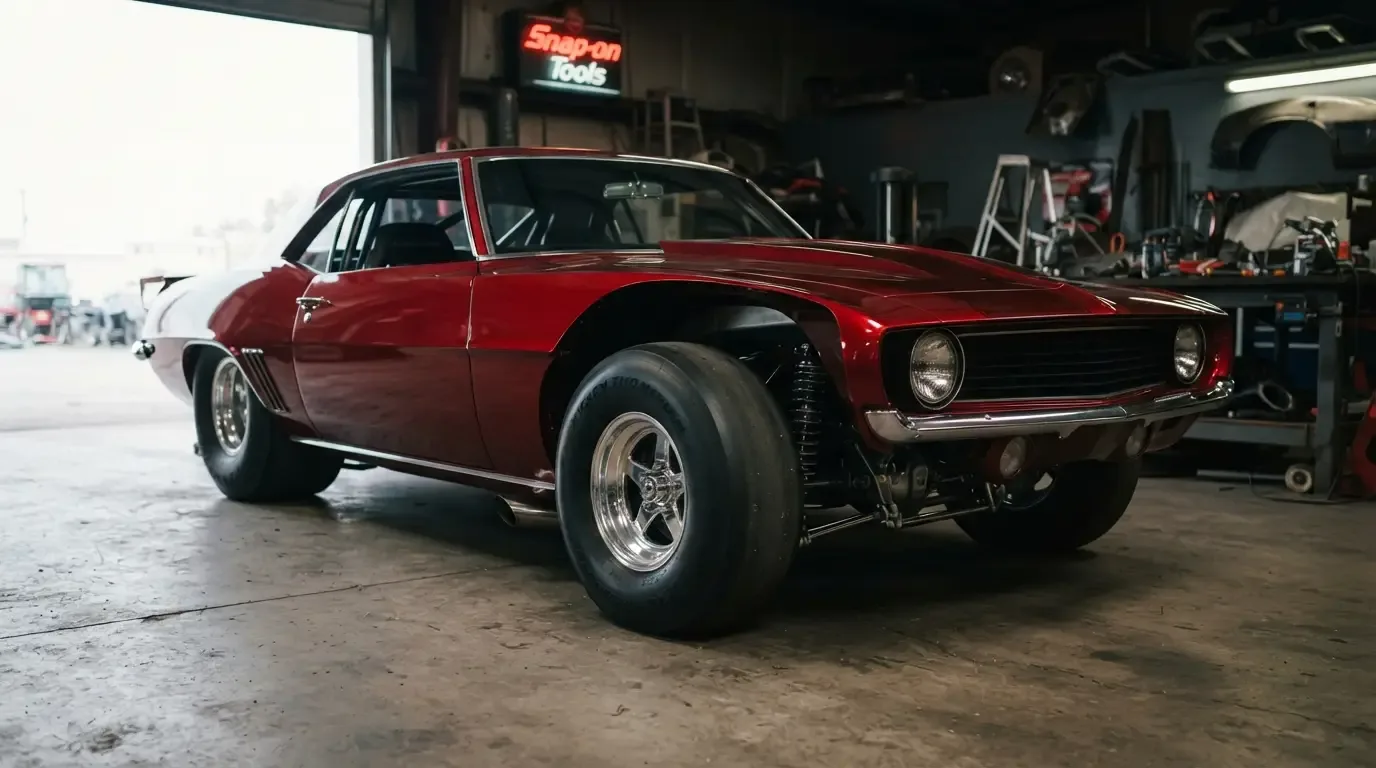 Back-half conversion on a Pro Street muscle car showing tubbed rear quarter panels and narrowed axle
