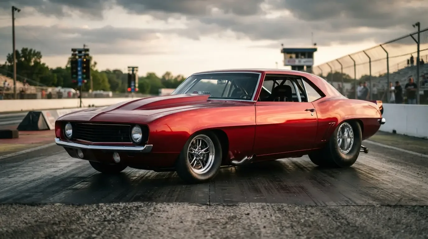 Pro Street car with enormous rear drag slicks dwarfing the smaller front tires