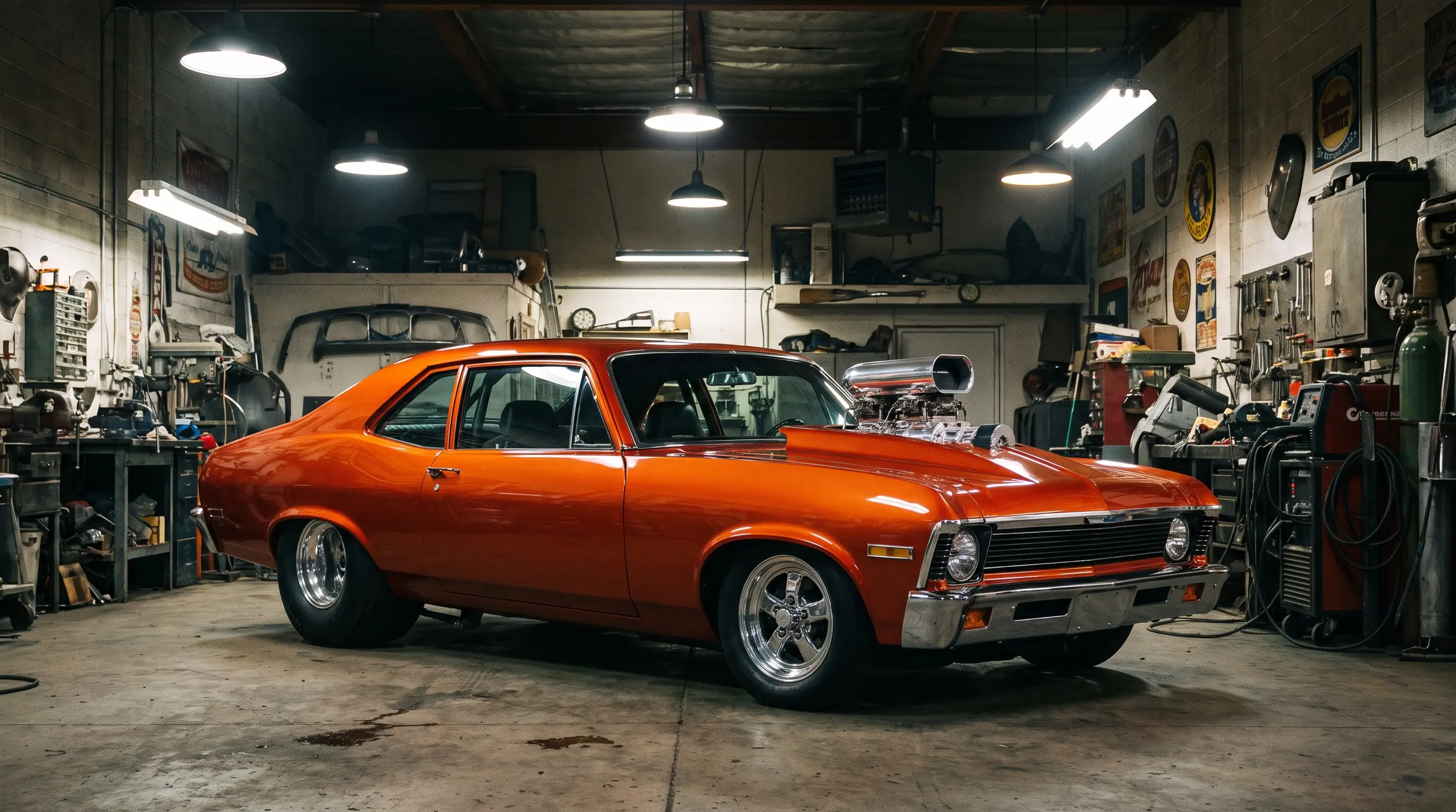 Orange tubbed pro street Chevy Nova with wide slicks inside a hot rod shop