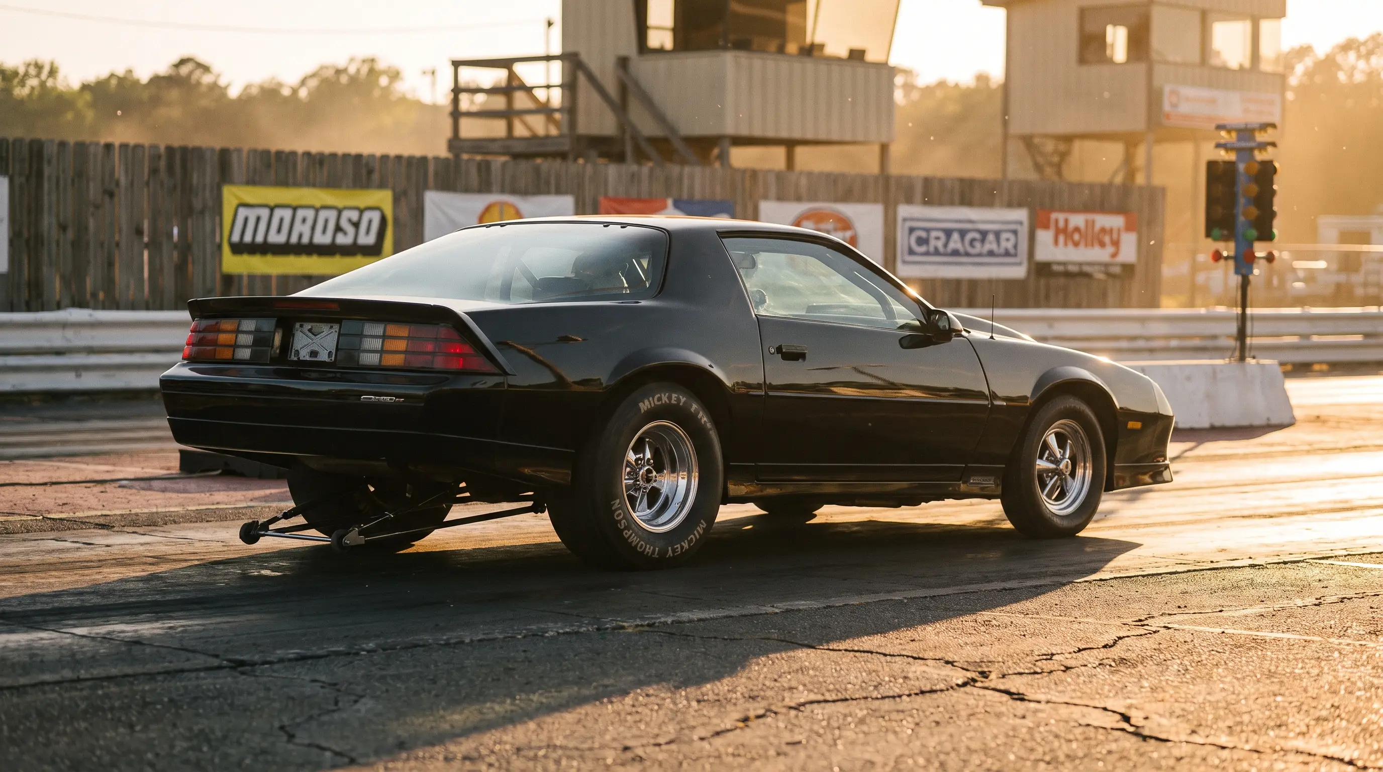 Black Pro Street Camaro with huge tubbed rear tires staged on a drag strip at golden hour