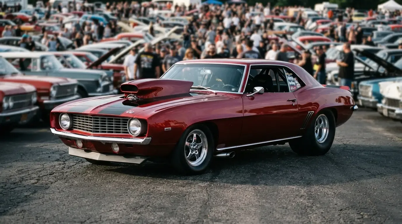 Pro street car at a street machine nationals show with tubbed rear slicks