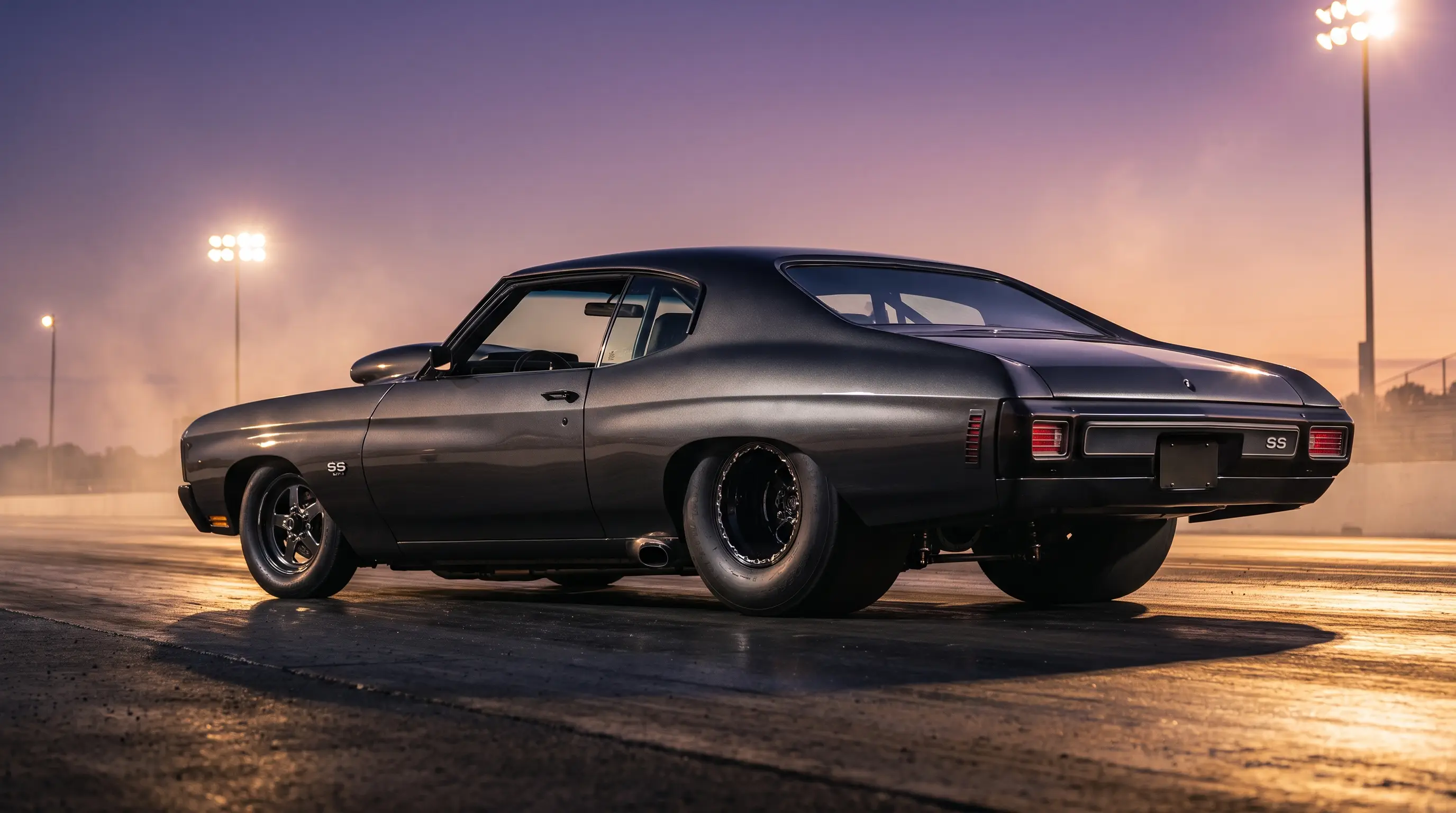 Pro street 1970 Chevelle SS with tubbed rear tires on a drag strip at dusk