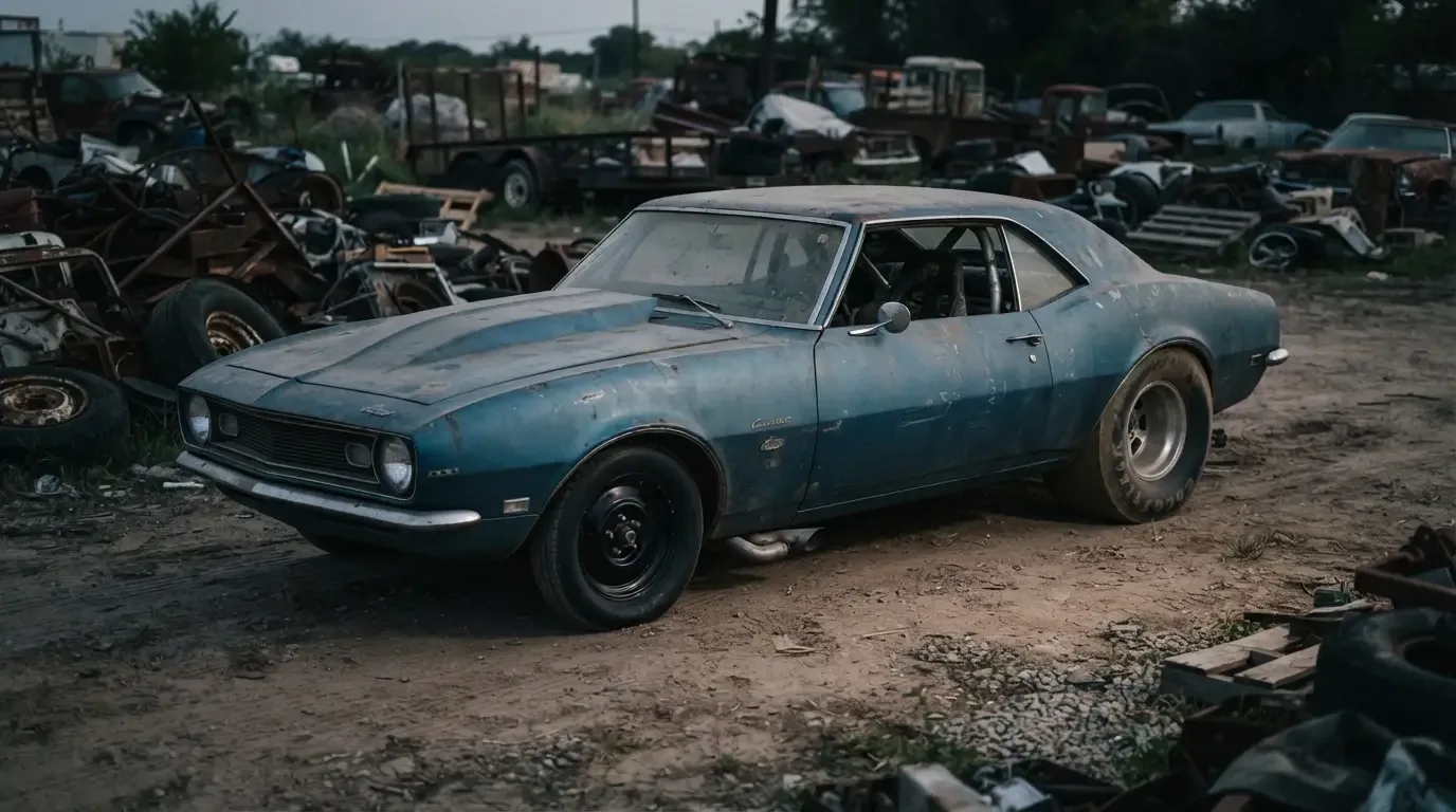 Weathered faded pro street muscle car with tubbed rear tires in a forgotten storage yard