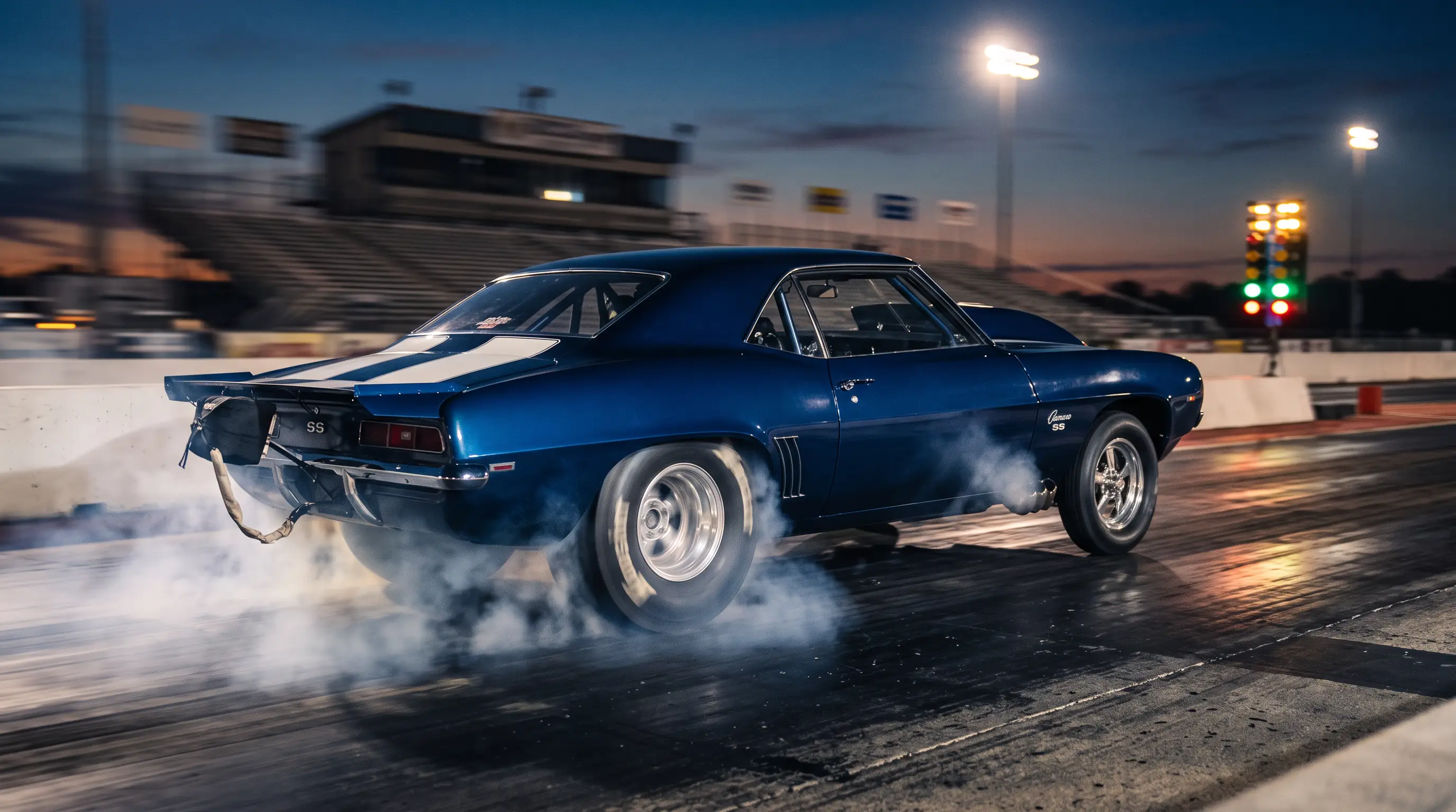 Pro Street 1969 Camaro with tubbed slicks launching at a drag strip