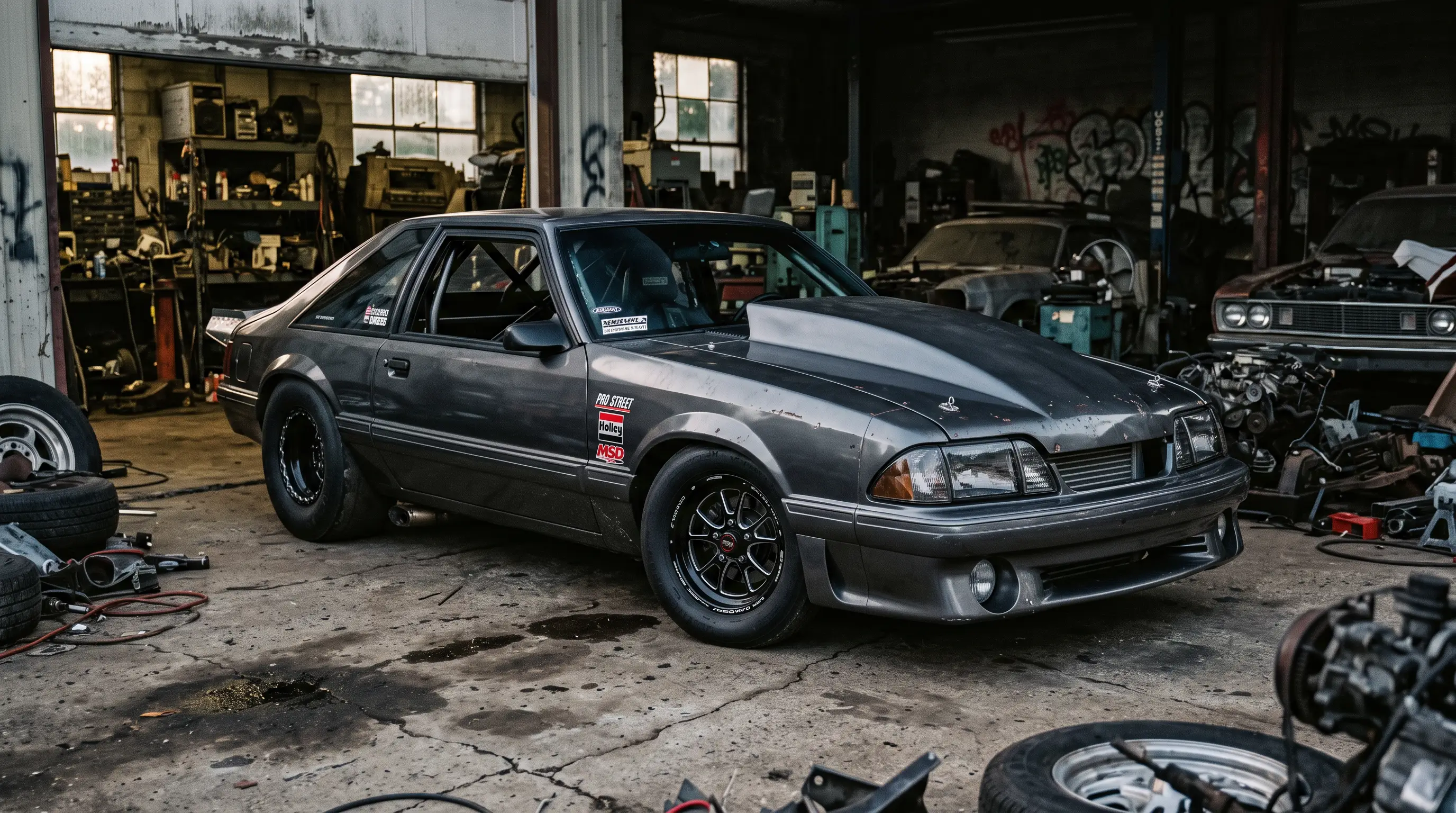 Fox body Mustang Pro Street build with wide slicks in a gritty garage