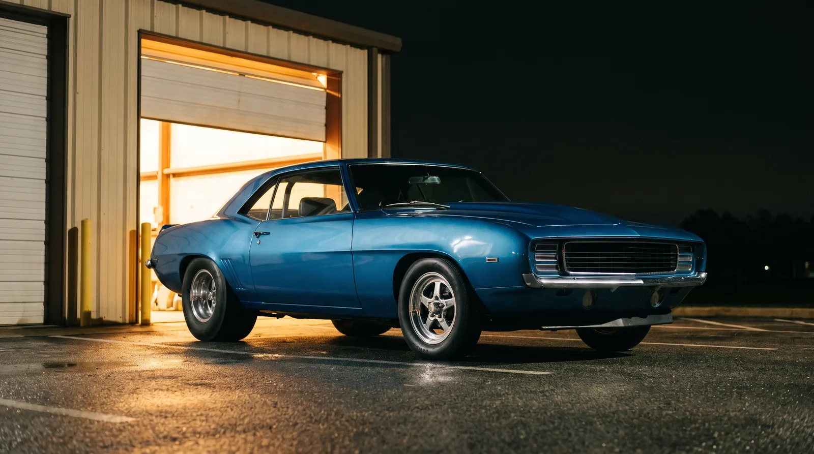 1969 Chevrolet Camaro Pro Street, parked outside a lit shop at night
