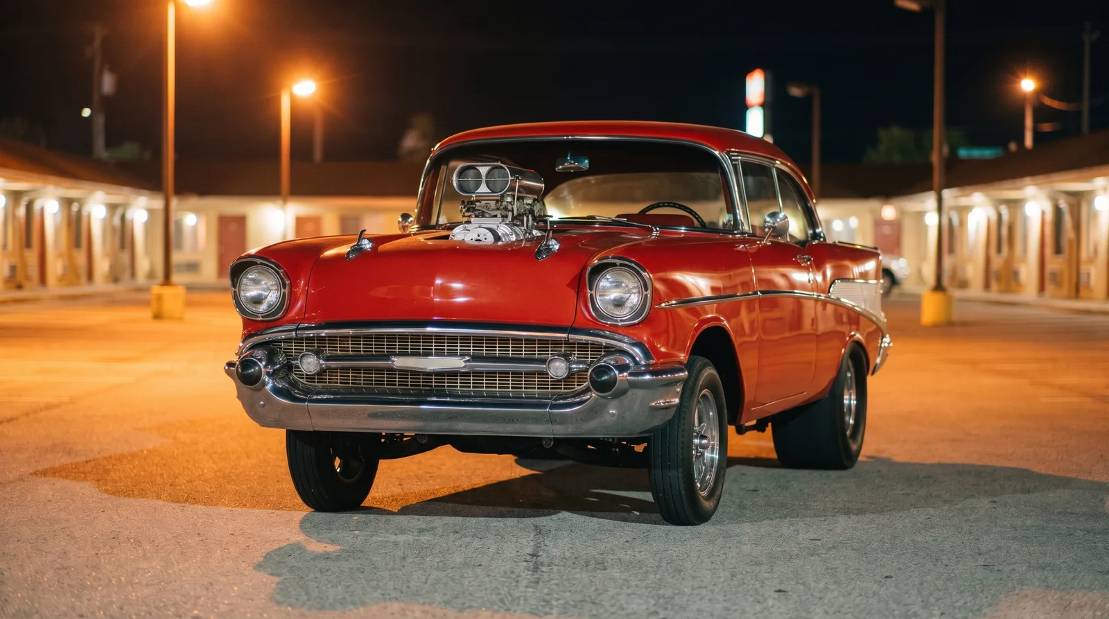 1957 Chevrolet Bel Air Pro Street, blown hardtop in a motel lot at night