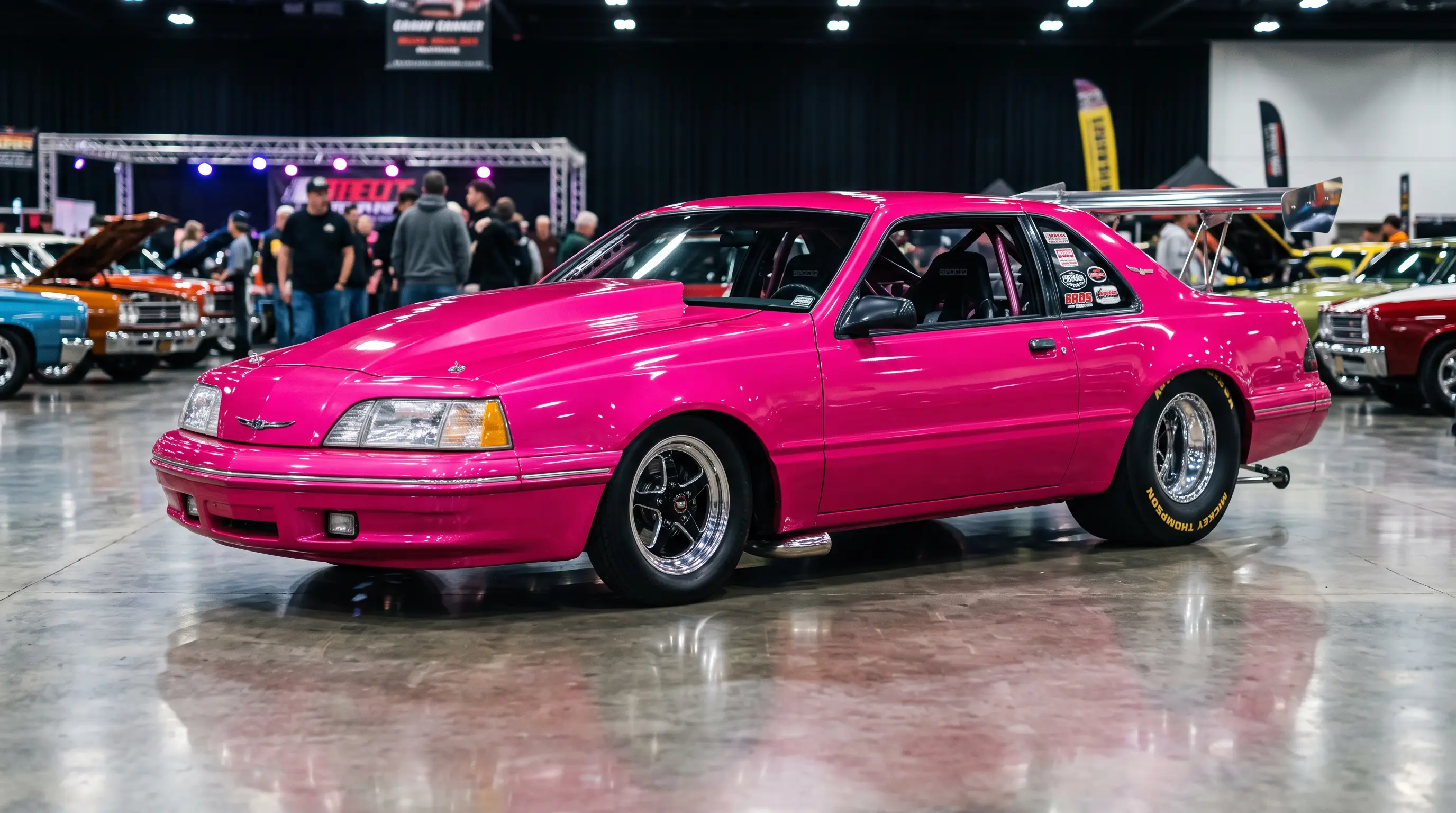 Bright pink 1988 Ford Thunderbird Pro Street car with tubbed fenders on a show floor