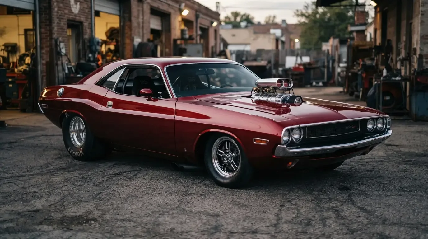 Classic American pro street muscle car with tubbed rear slicks and narrowed front end