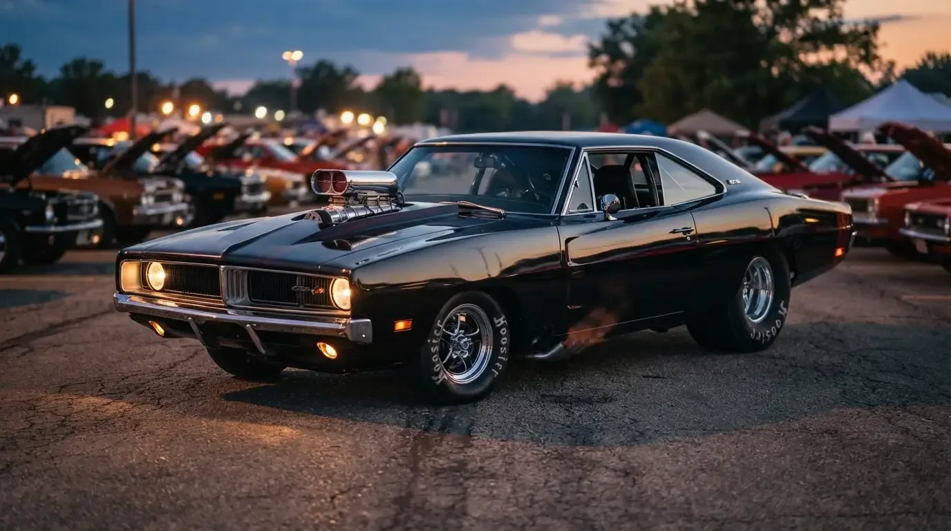 Classic pro street muscle car idling at a dusk car show with tubbed rear slicks