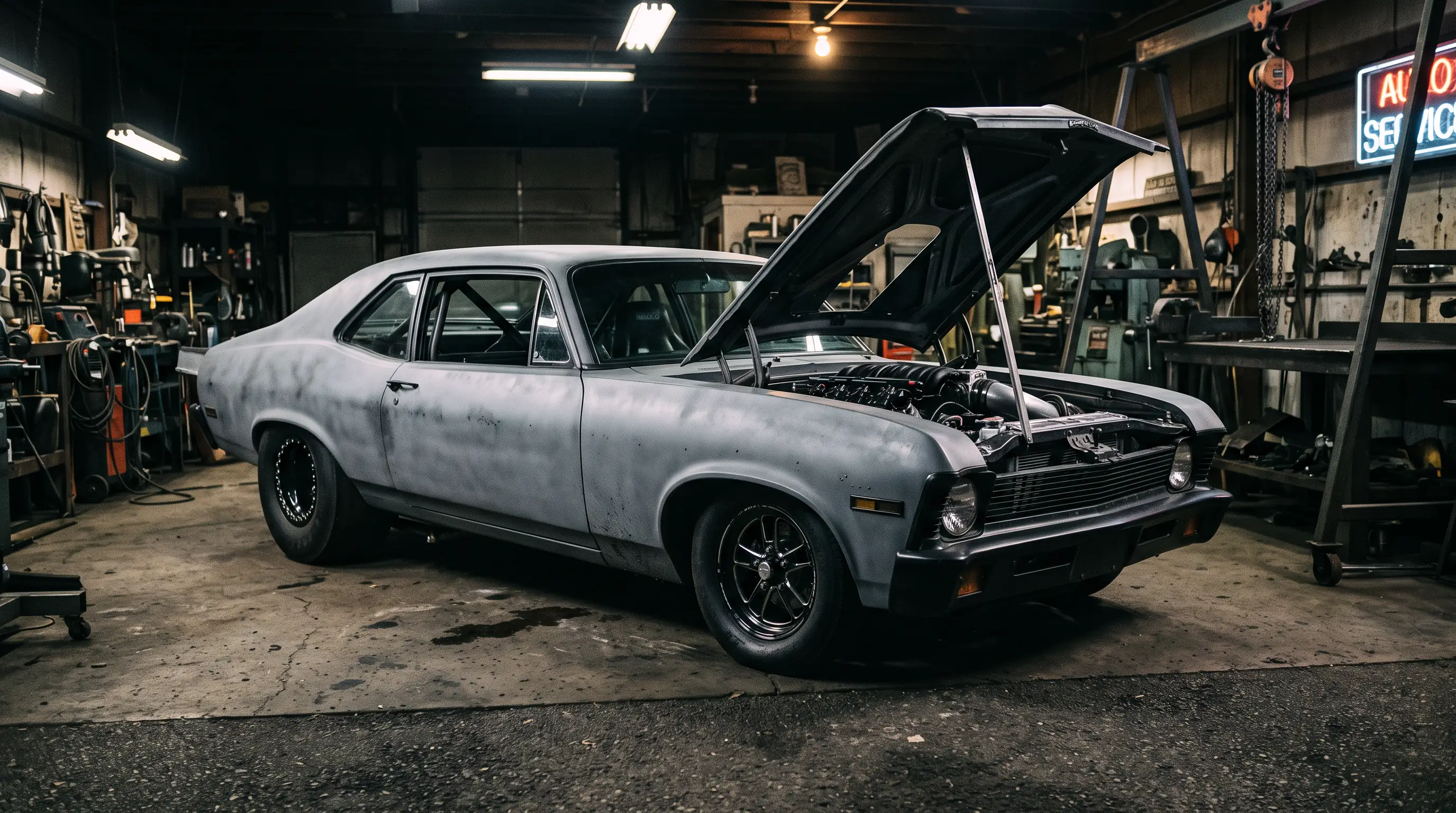 Tubbed pro street 1969 Nova with LS engine visible under raised hood in a workshop