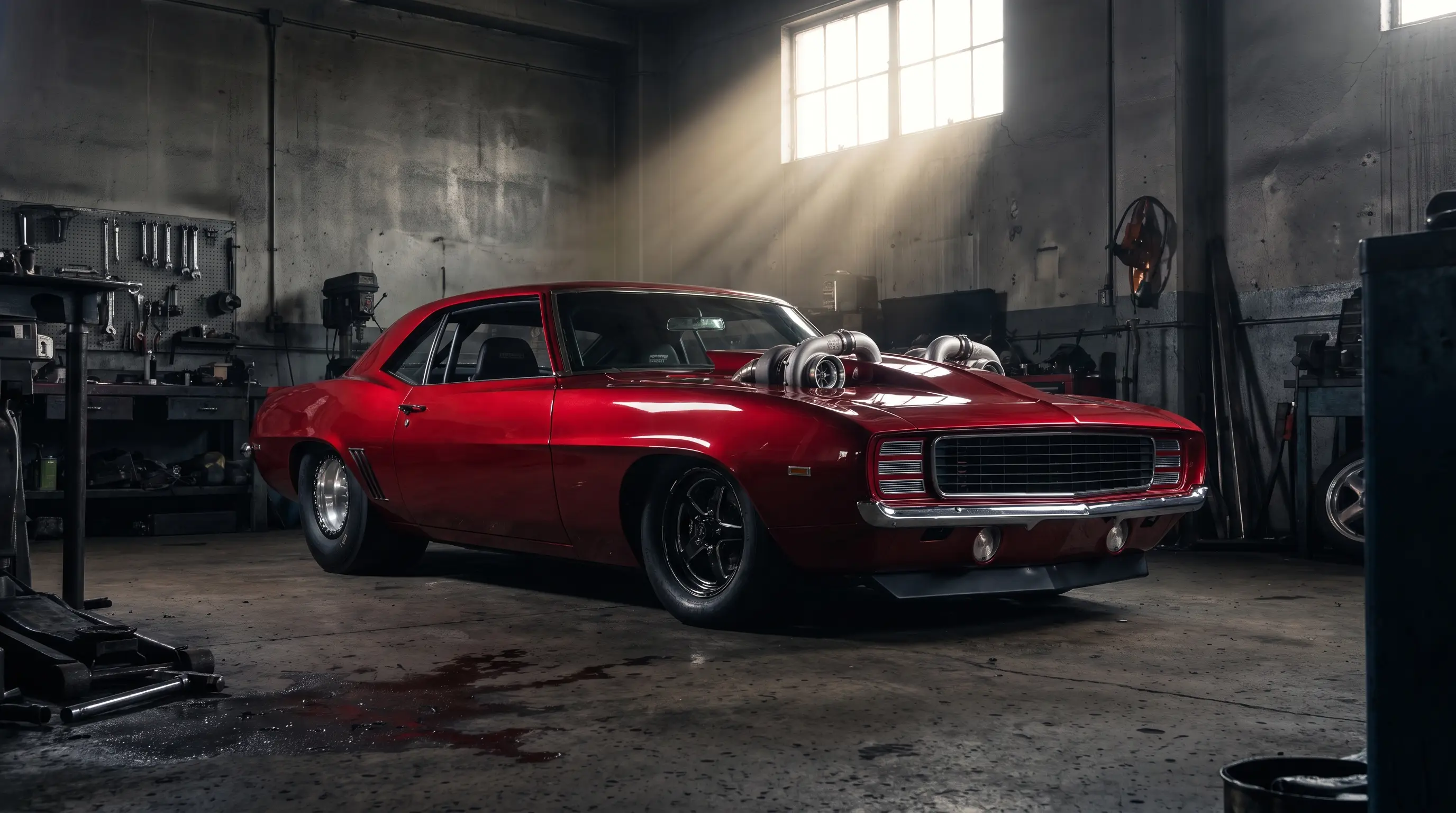 Extreme Pro Street muscle car with tubbed rear and stacked turbochargers in a garage