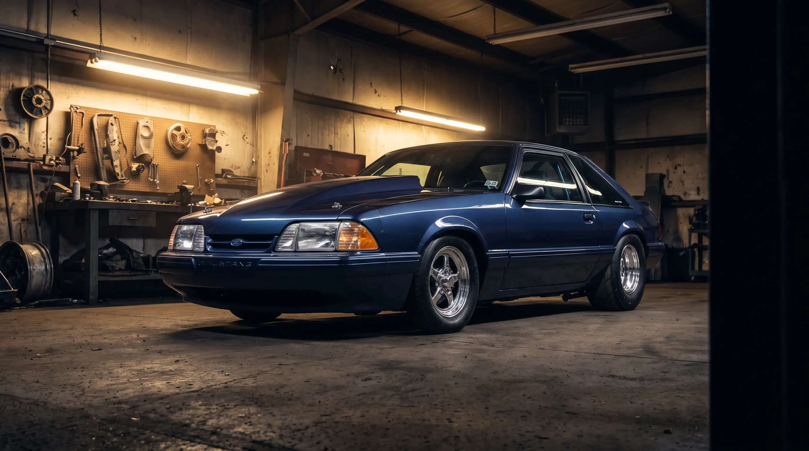 Pro street Fox body Mustang with tubbed rear fenders in a moody garage bay