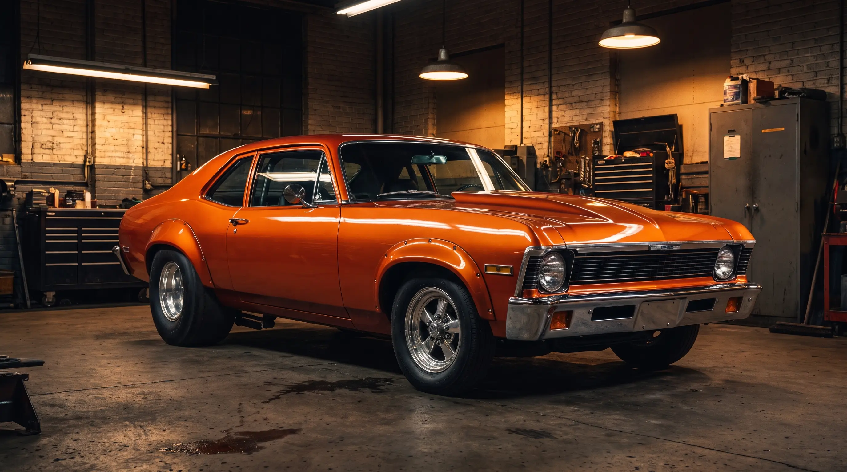 Orange 1970s Chevrolet Nova Pro Street car with wide tires under garage spotlights