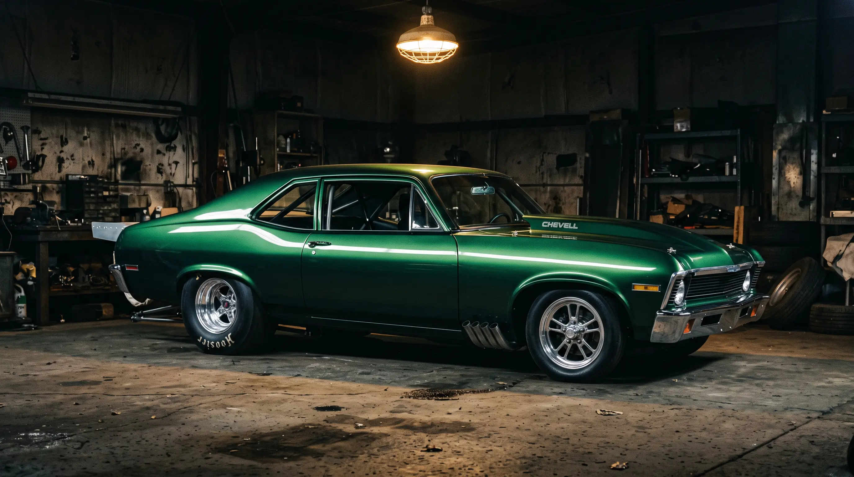Metallic green Pro Street Nova with tubbed tires under a single garage shop light