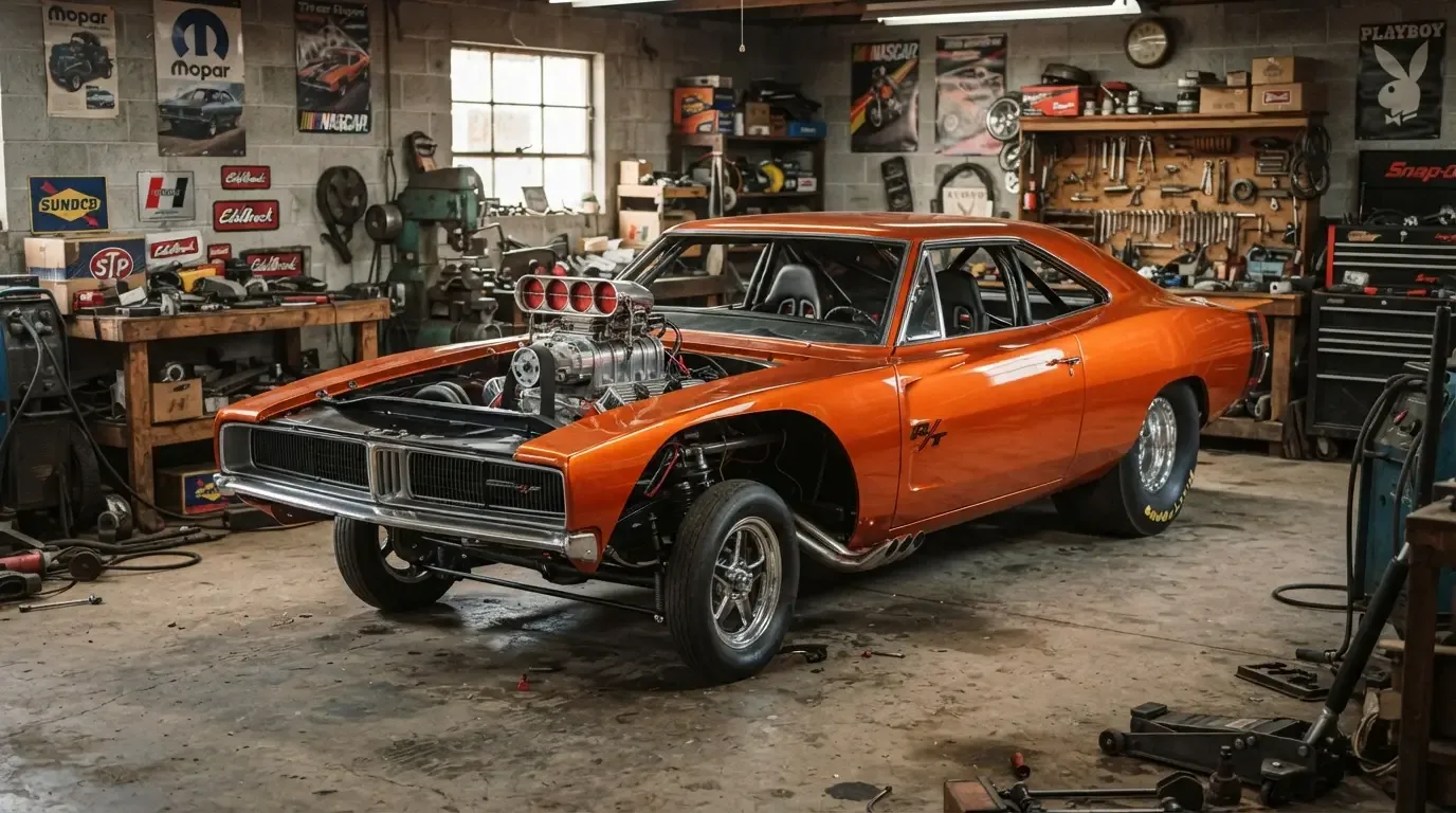 Early 1970s pro street drag car with tubbed rear tires and straight axle front end