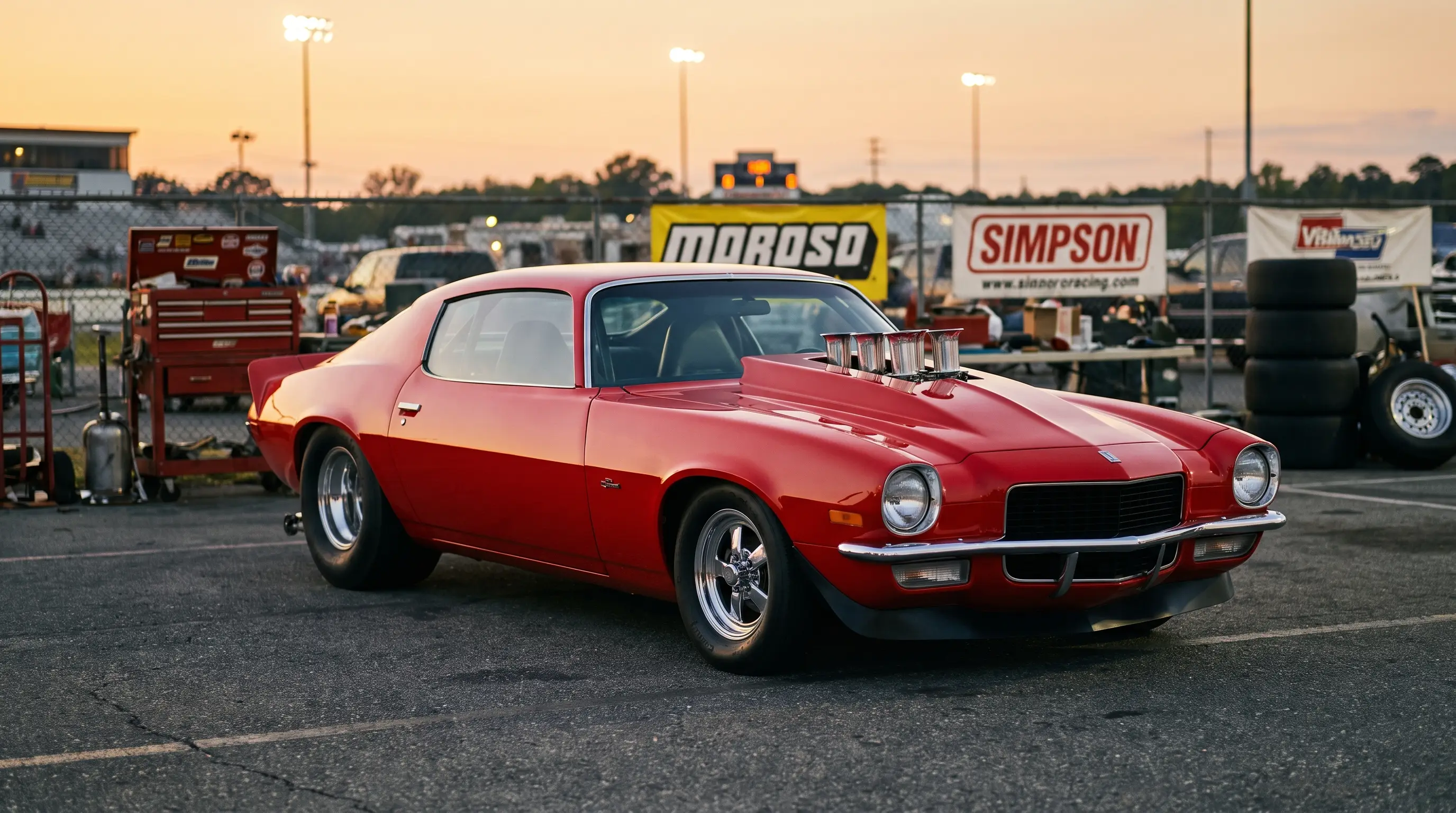 Red Pro Street Camaro with tubbed rear fenders and chrome stacks glowing under pit lights at dusk