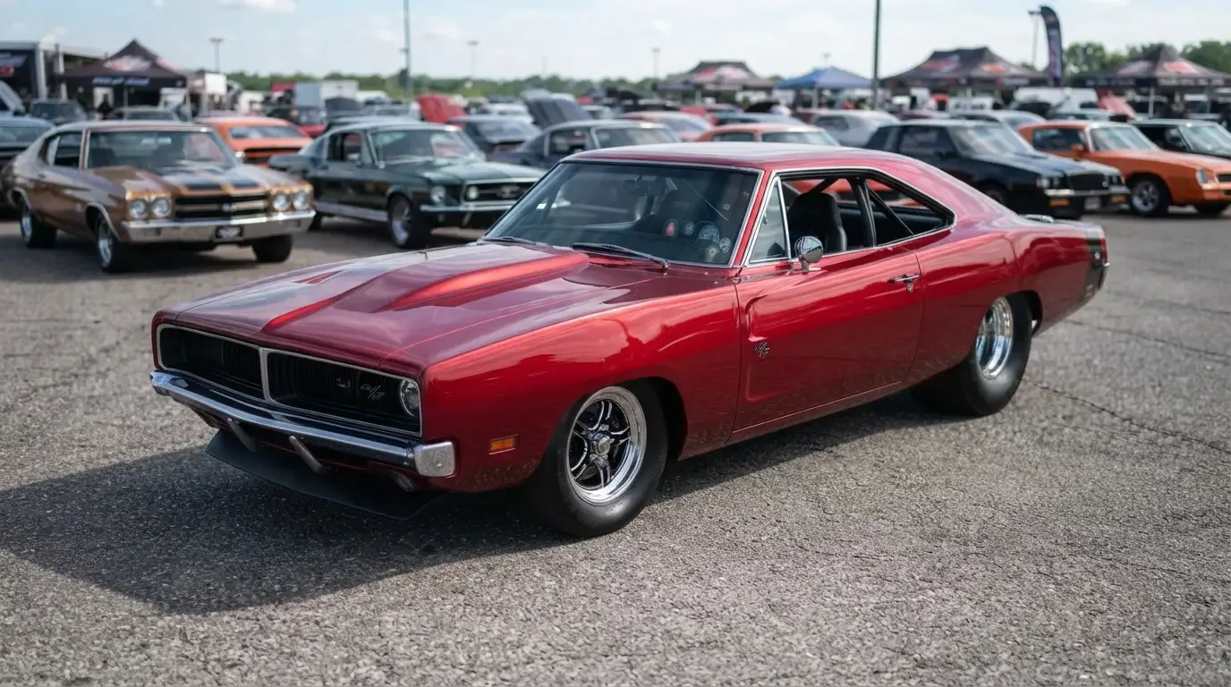 Freshly restored modern pro street muscle car with tubbed rear slicks at a car show