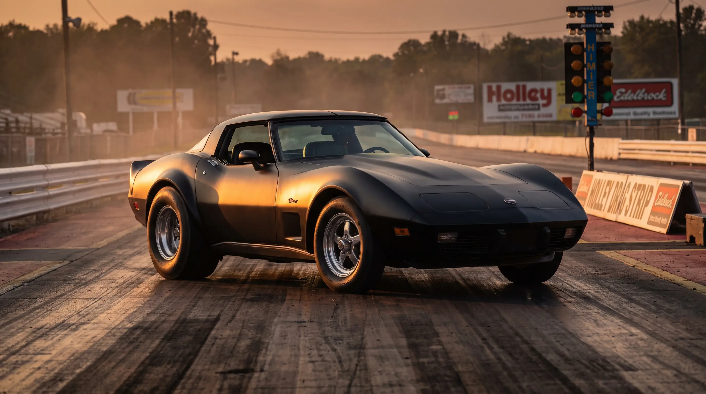 Matte black Pro Street Corvette with narrowed front end and huge rear slicks at a golden hour dragstrip