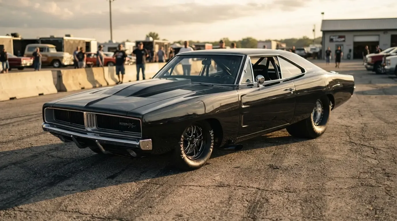 Pro Street muscle car with aggressive nose-down, tail-up stance and tubbed rear tires
