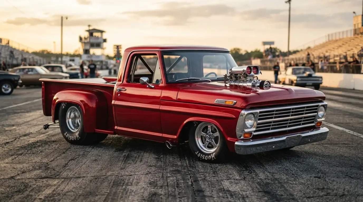 Pro Street style pickup truck with tubbed rear bed fenders, wide slicks, and blower through the hood