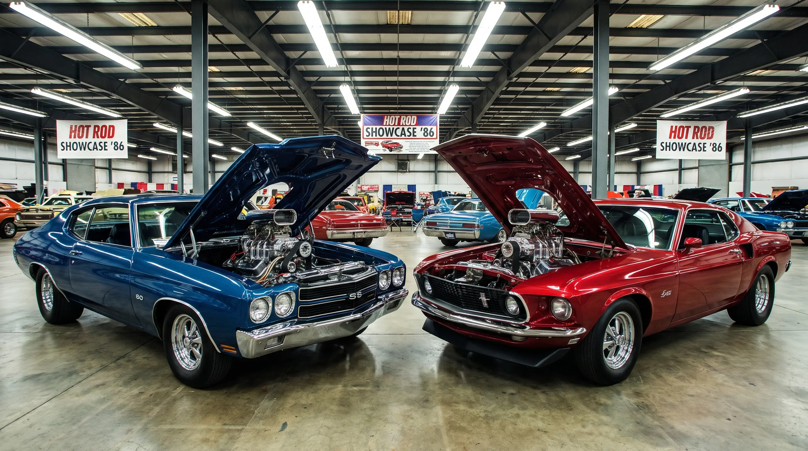 Two Pro Street show cars with twin engine bays displayed side by side at a car show