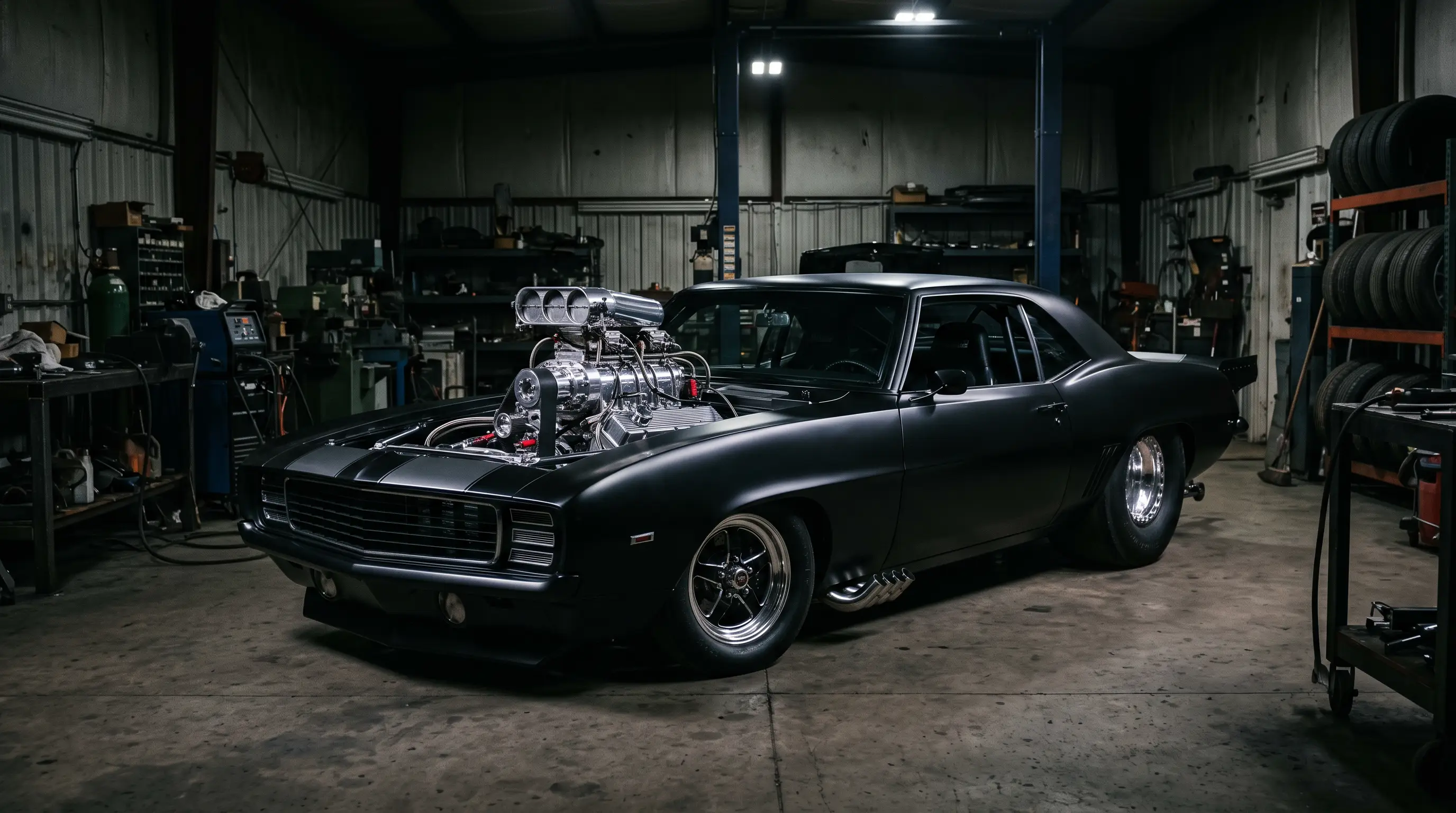 1990s Pro Street show car with twin superchargers through the hood in a dark garage