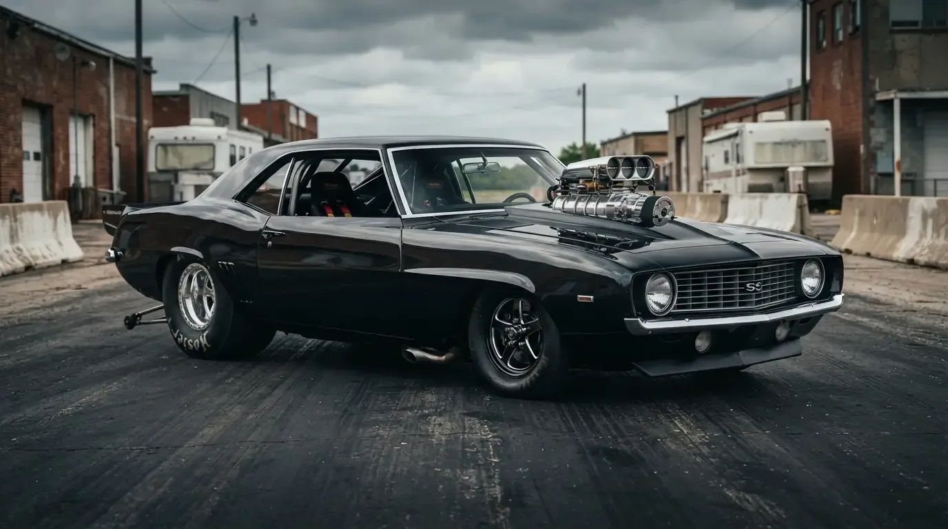Pro Street muscle car with tubbed rear tires and blower hood setup