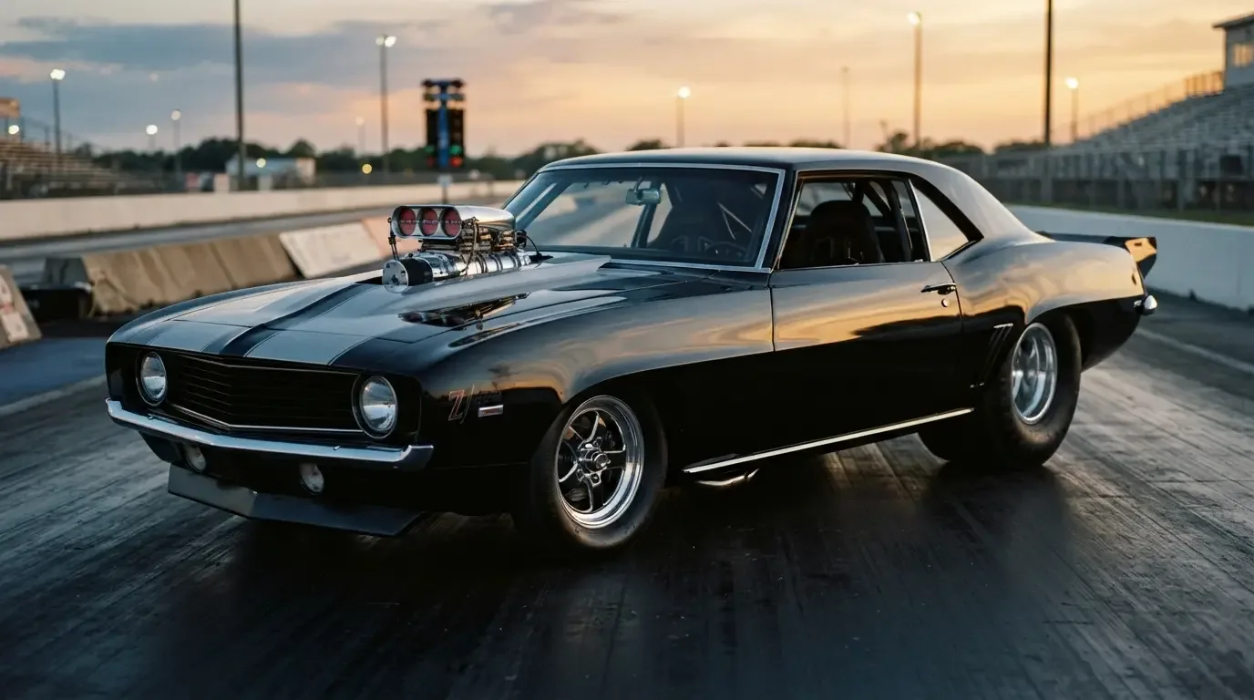 Pro Street muscle car with tubbed rear tires and a blower through the hood