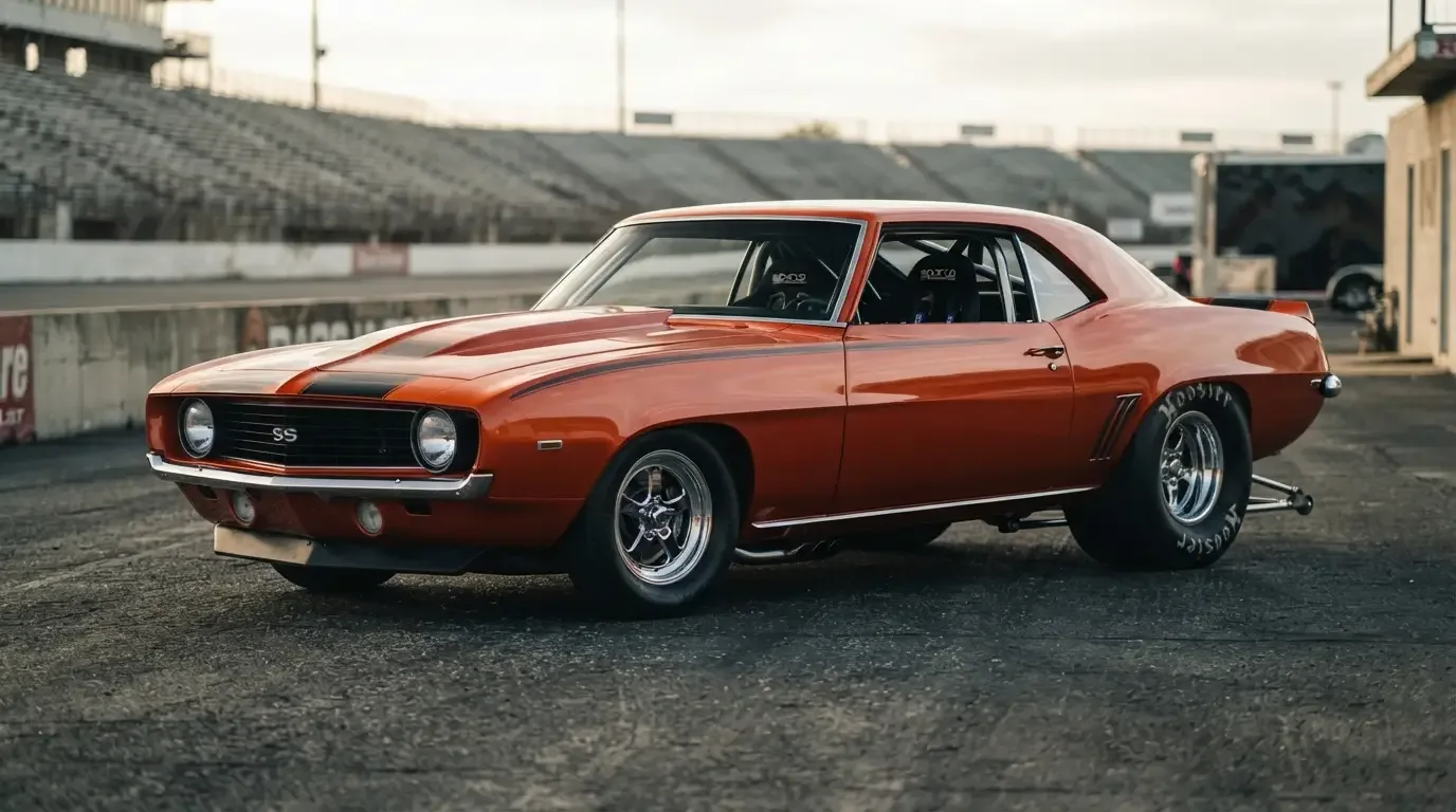 Pro Street muscle car showing tubbed rear fenders, wide slicks, and back-half chassis
