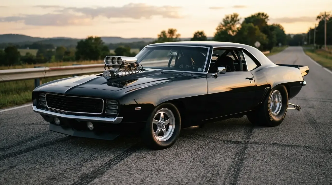 Street-legal Pro Street muscle car with drag racing wheelie bars, tubbed tires, and blower hood